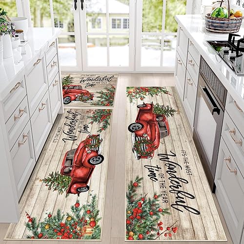 Pauwer Juego de 3 alfombras de cocina de Navidad, tapetes de cocina de árbol de Navidad, alfombras y tapetes de cocina de granja, antideslizantes,