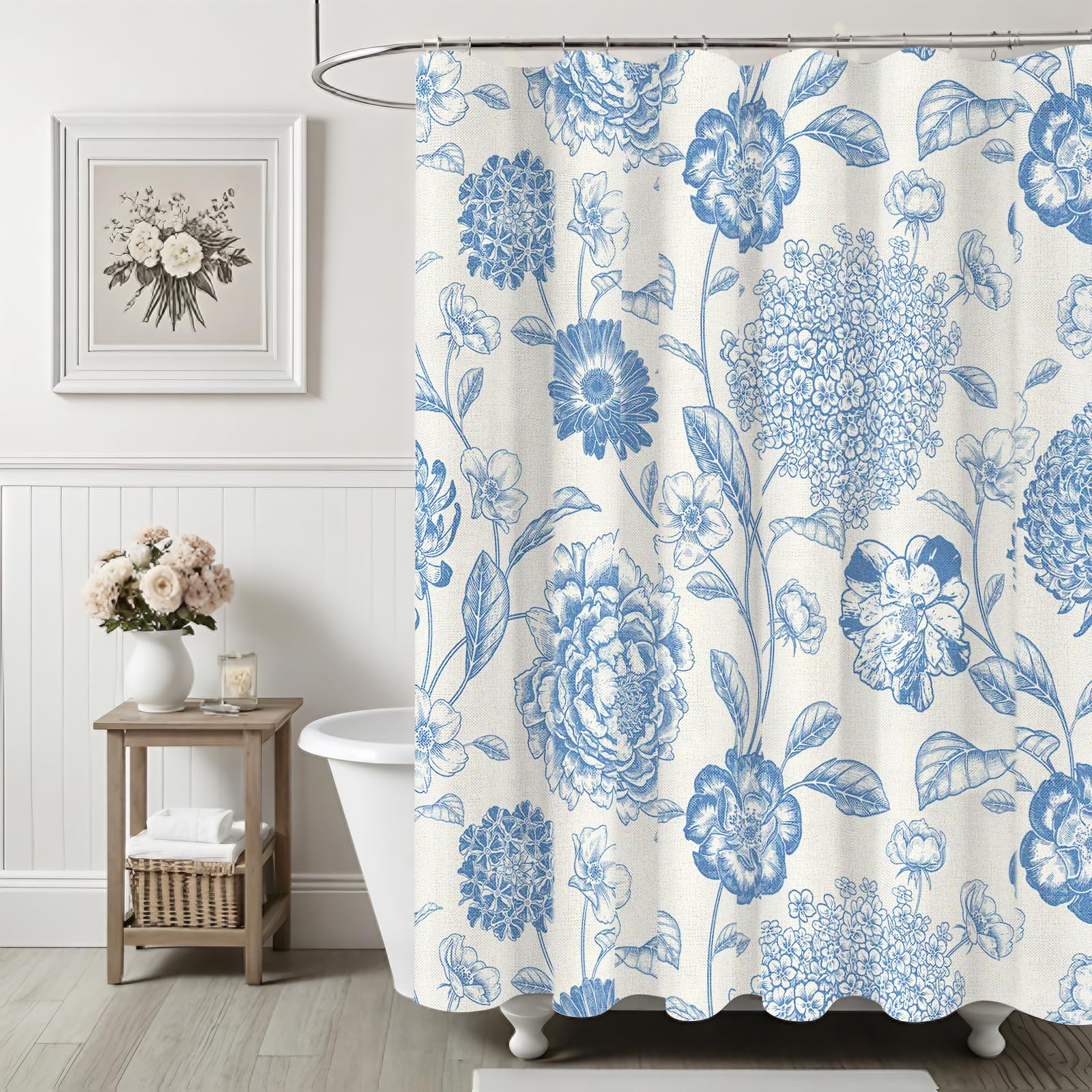 Ksriylm Floral Fabric Shower Curtain with 180*180cm, Linen Bathroom Curtains with 12 Hooks, Water Mould Proof Bathtub Curtain Washable & Quick Dry