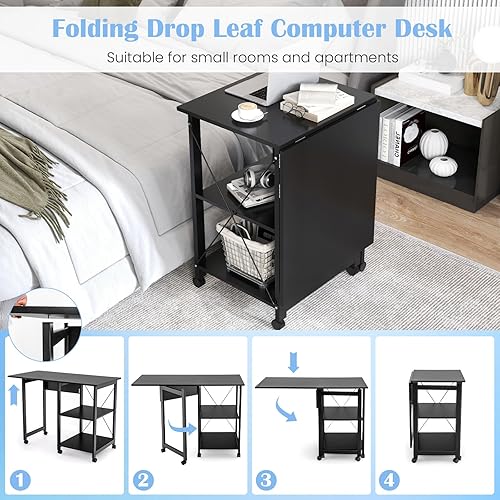 Miniatura 7 de Tangkula Folding Computer Desk, Modern Writing Table w/ 2-Tier Storage Shelves, PC Laptop Study Table Workstation w/ 6 Wheels, Space Saving Compact