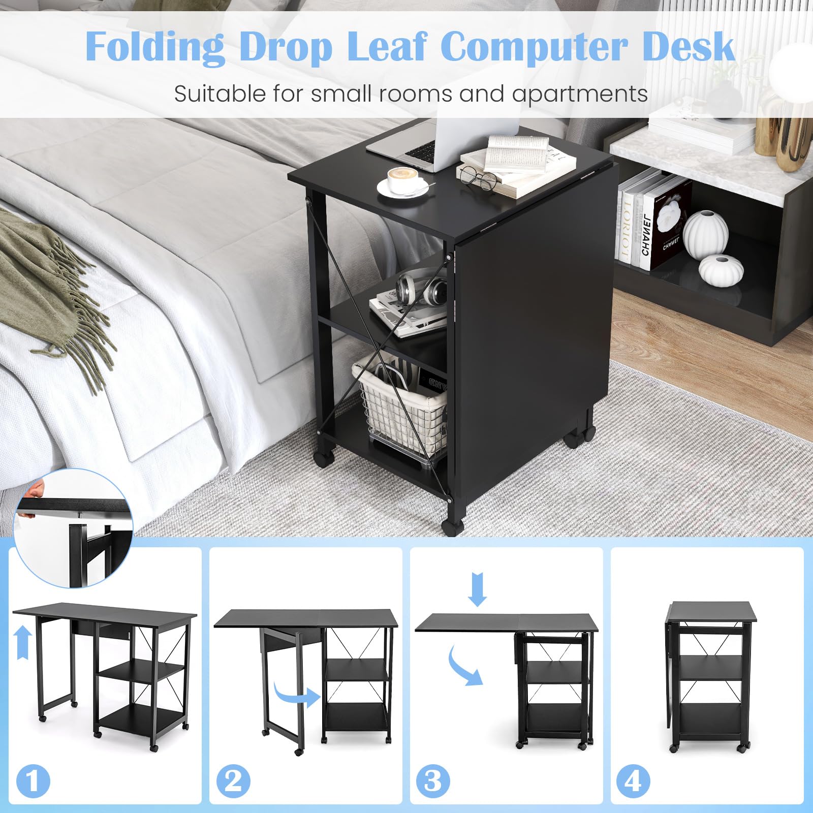 Laptoptafel Met USB-poorten Inklapbaar 60x40 Cm Zwart Gemaakt Van MDF Incl Usb Lamp En Ventilator Ml Design