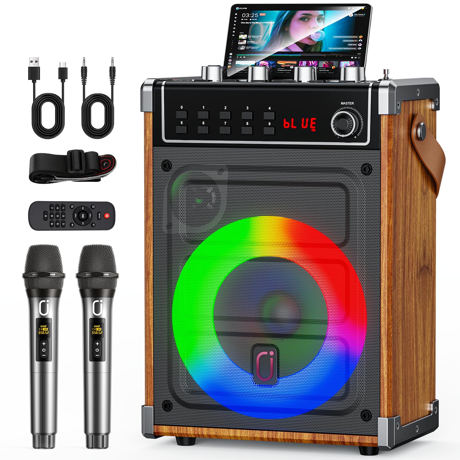 JYX Karaoke Maschine mit 2 UHF-Funkmikrofonen, Bluetooth-Lautsprecher, PA-System, TWS, AUX, FM, LED-Licht
