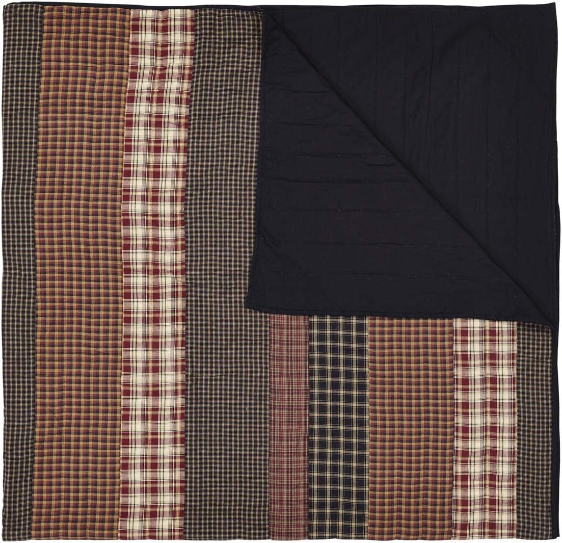 VHC Brands Beckham Striped Cotton Rustic Bedding Pre-Washed Patchwork King Quilt, 105x95, Burgundy Red