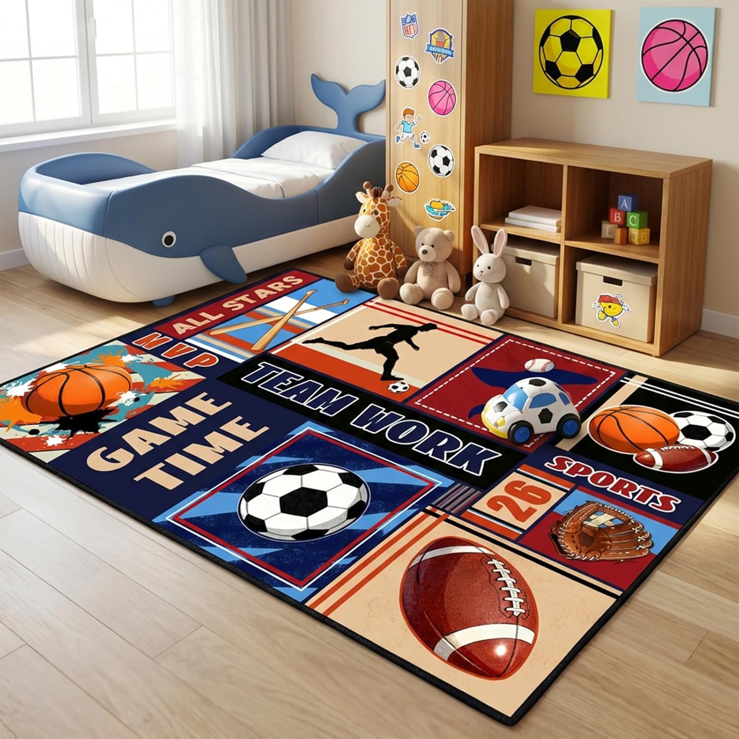 BATATADOCE Sports Rug for Boys Bedroom - 3x5 Feet Basketball Football Soccer Baseball Area Rug for Kids Room Playroom Living Decor Small Floor Mat