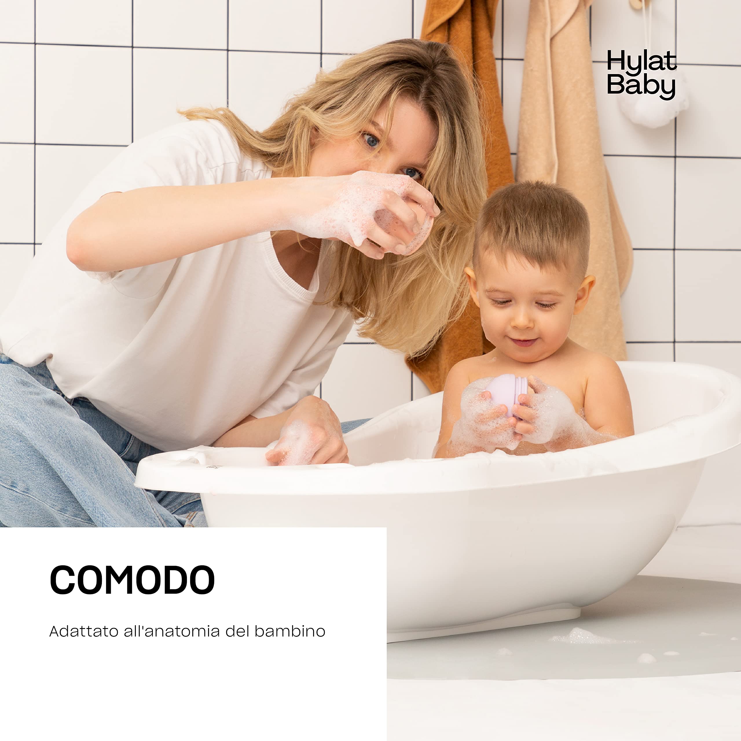 Hylat Baby Friends Bianca Vaschetta Bagnetto Neonato con Tappo di Scarico e Termometro, Vaschetta Antiscivolo per Bambini Fino a 12 Mesi in Plastica Senza BPA, Vaschetta per Neonati, Bambini