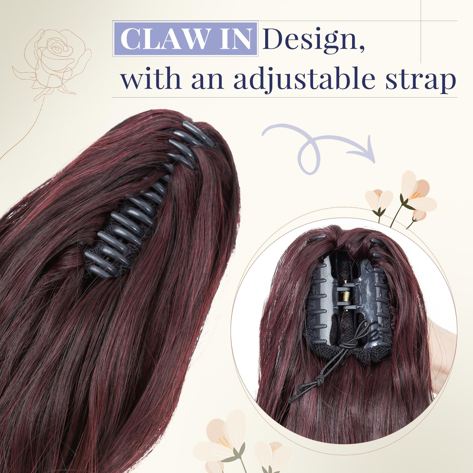 TESS 24'' Curly Ponytail Extensions, 210g Claw in Long Ponytail, Hair Pieces for Women Burgundy Gradient, 24 Inch (curly) - Image 4