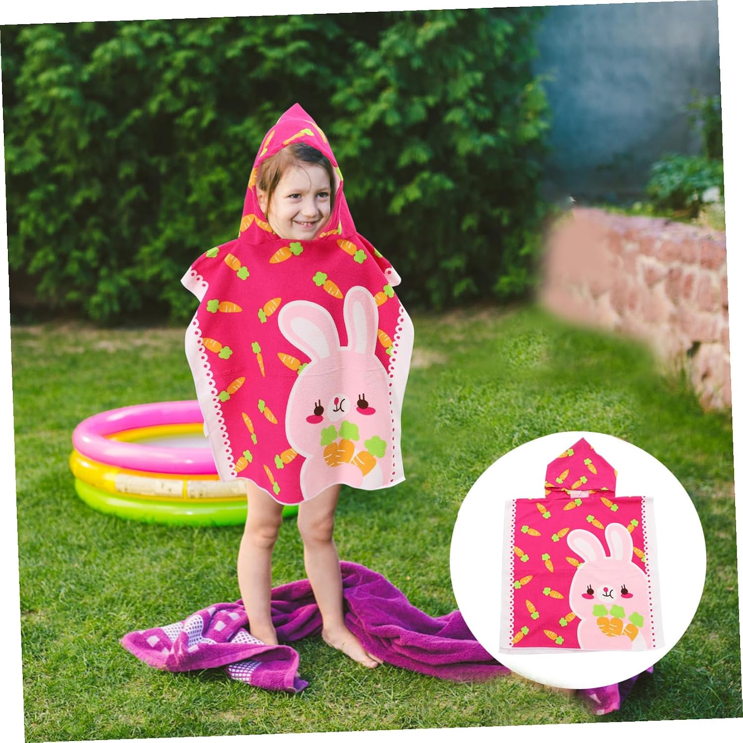 Kichvoe Hooded Beach Towel Cape, Cartoon Pink Rabbit Design, Soft Absorbent Bath Towel for Boys, Suitable for Pool, Beach, and Bath Time