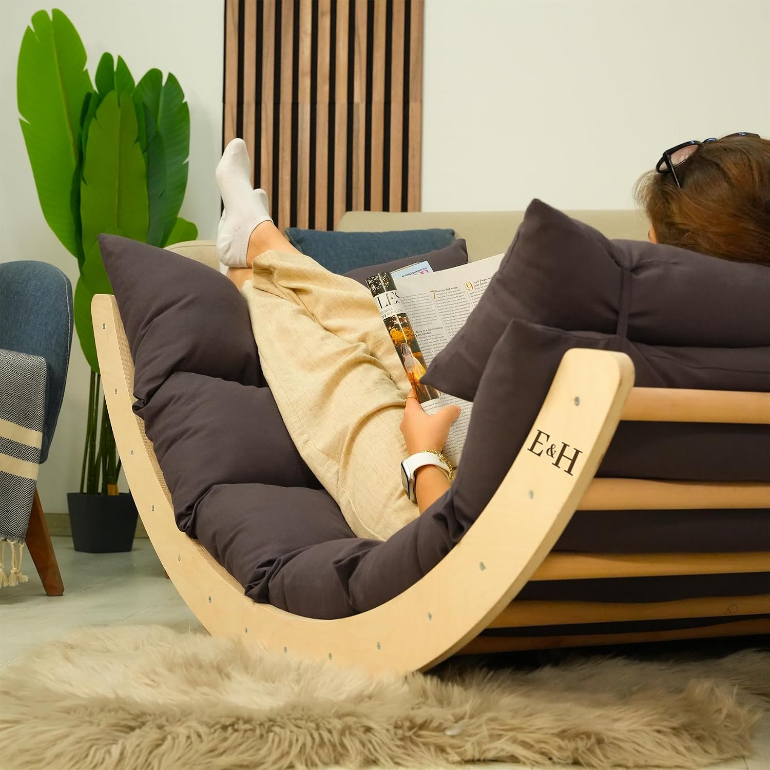 Handmade Personalized Reading Nook Rocking Chair – Custom Wooden Lounge Seat with Plush Cotton Cushion – Ergonomic & Tool-Free Assembly – Engraved Gift for Book Lovers, Home Decor, Cozy Corners