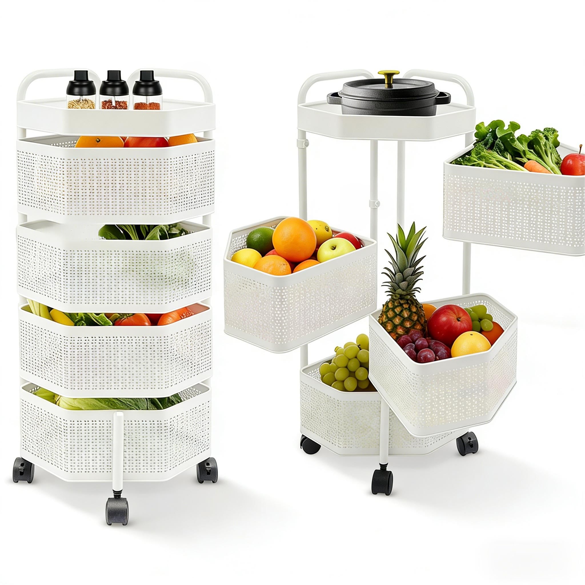 FTUREPAC Rotating Storage Shelves Rack for Kitchen, 4-Tier Carbon Steel Rotating Vegetable Organizer with Lockable Casters, Fruit and Vegetable