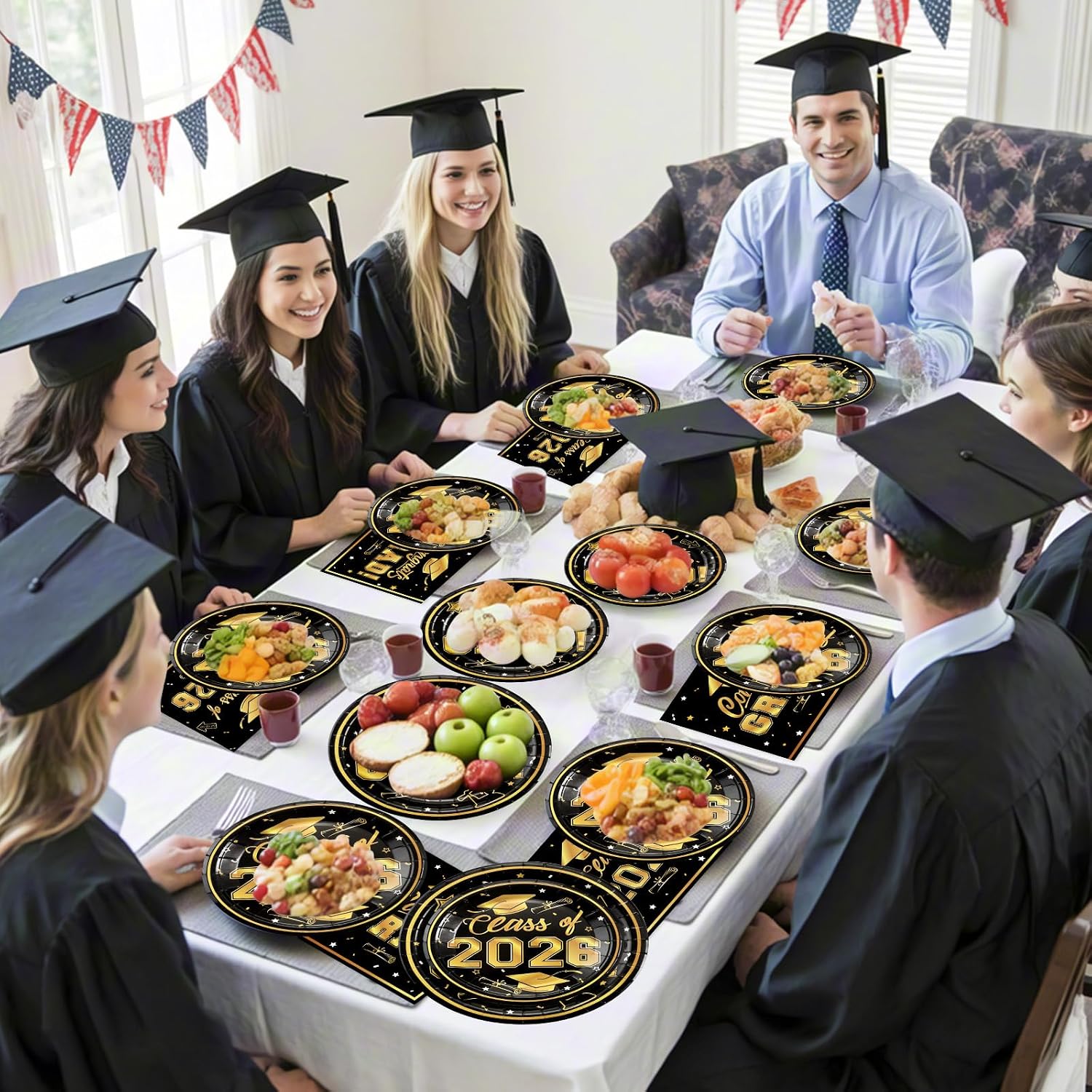 Litmitfu 150 Pcs Graduation Plates and Napkins 2026 - Black Gold Congrats Grad Class of 2026 Paper Dessert Dinner Plates Napkins Set for Graduation Party Decorations Supplies Table Decor, Serves 50 image 2