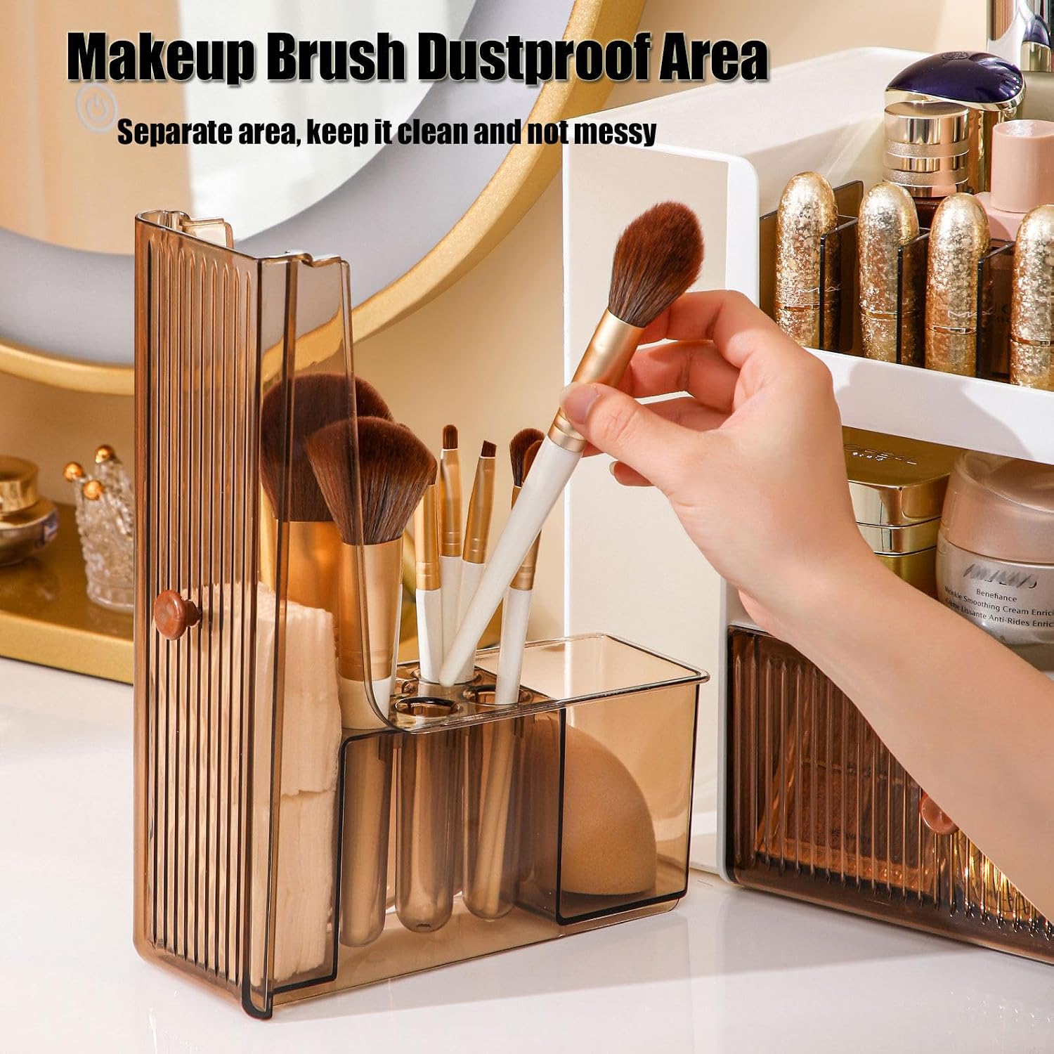 Makeup Organizer, Modern Vanity Organizer, Makeup Brush Holder, Perfume Organizer, Multiple Compartments Skincare Organizers, Gifts for Women, Bathroom Counter Organizer with Lid, Dustproof