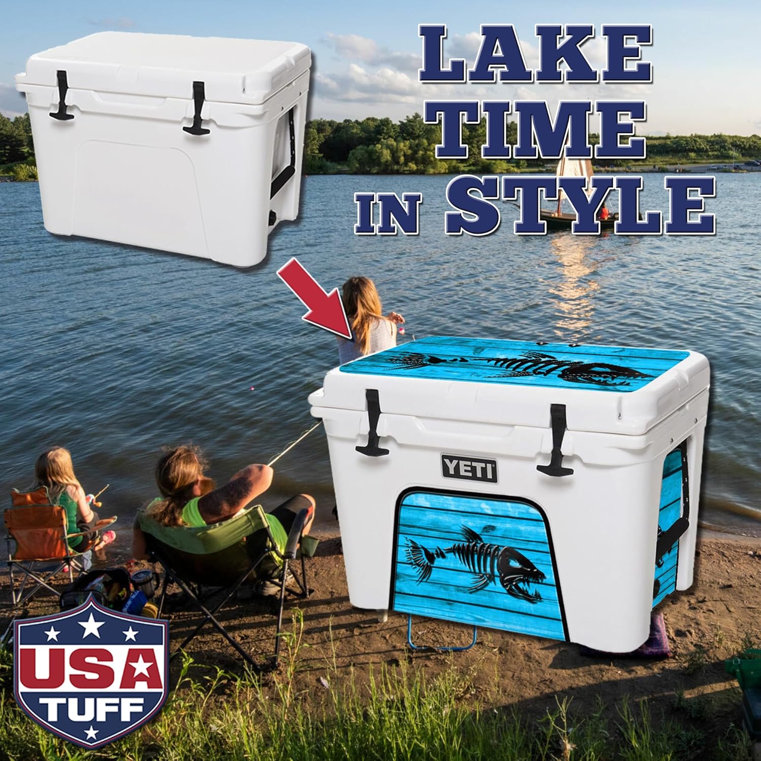 USATuff Vinyl Cooler Lid & Insert Kit Compatible with YETI 45 qt Tundra | Easy Peel & Stick Application Cooler Skin Decal Wrap | Durable Pre-Cut Pieces | Made for Outdoor Use - Bonefish Blue