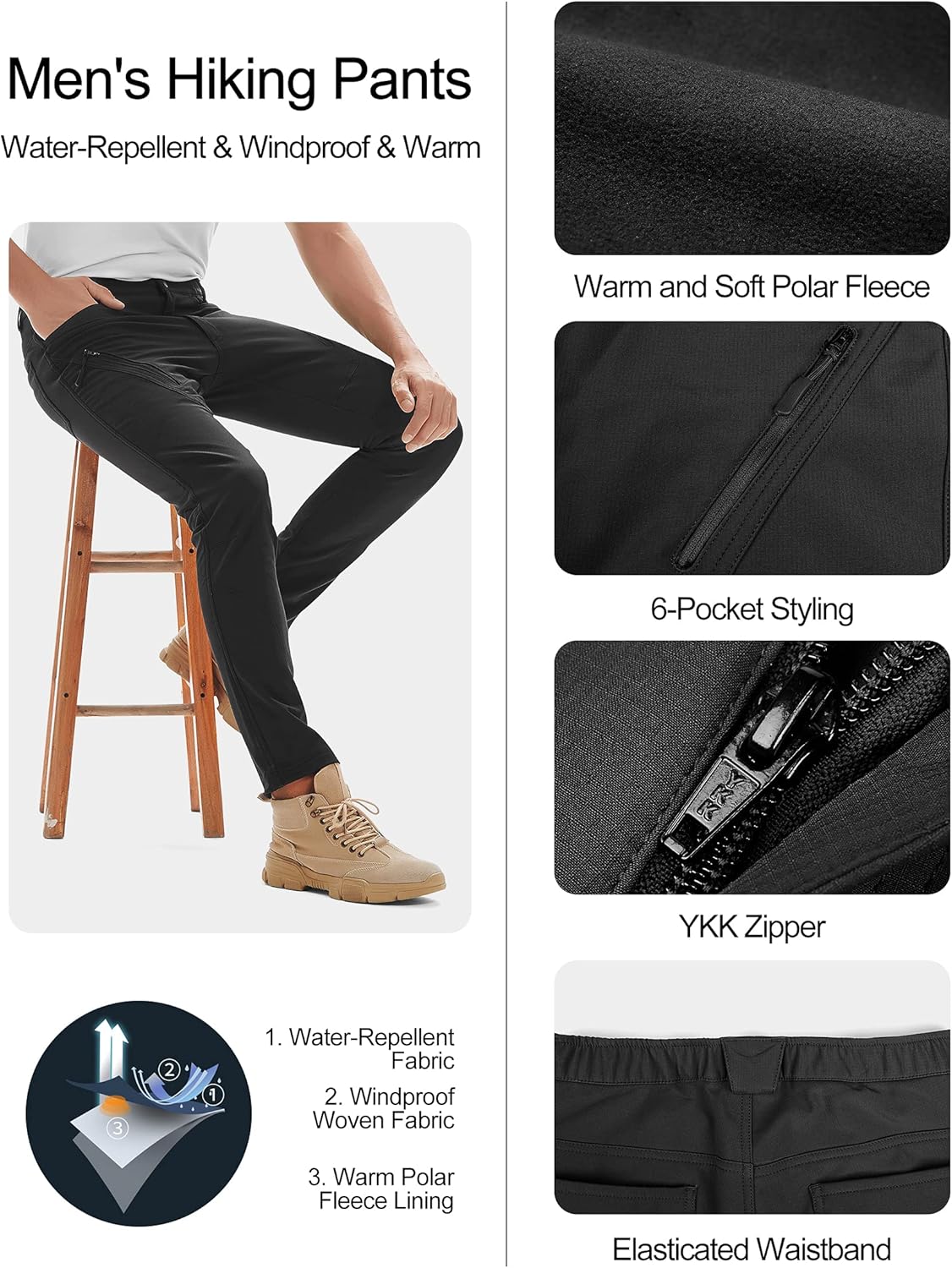 KUTOOK Men's Cargo Hiking Pants Softshell Thermal Fleece Lined Water Resistant Outdoor Trousers with 6 Pockets : Sports & Outdoors