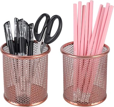PAG Pencil Holder for Desk، 2 Pack Desktop Pen Cup، Office Supplies Rose Gold Desk Organizers and Accessories Organization، Makeup Brush Holder، Copper