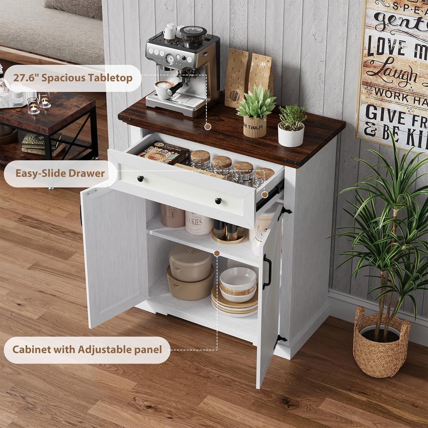 Farmhouse Sideboard Buffet Cabinet with Storage, 27.6" W Coffee Bar Cabinet with Door & Drawer, Small Kitchen Storage Cabinet with Adjustable Shelf for Hallway, Living Room, Dinning Room (White)