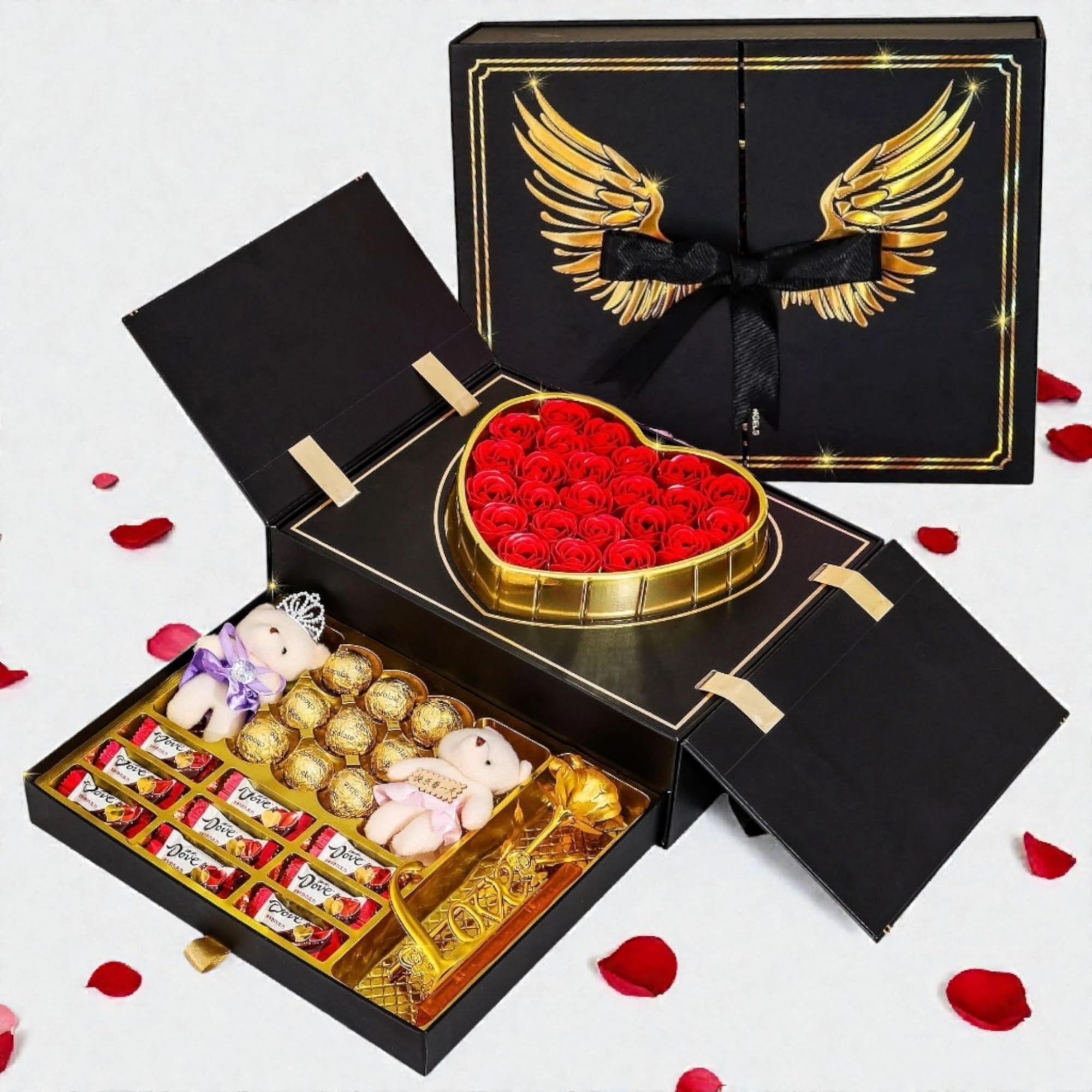 AlphaHeim® Geburtstag geschenk, Geschenkset mit Teddy, Kunstrose & Herz – Geschenkbox für Muttertag, Vatertag, Jahrestag, Valentinstag, Geschenk für Frauen, Männer Birthday Gift (Schwarz/Gold)