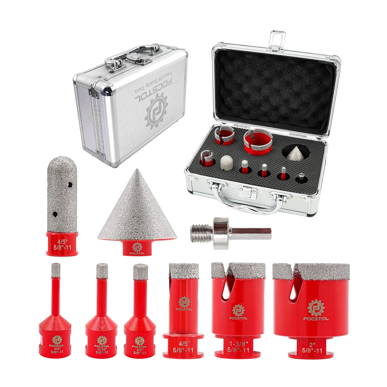 Diamond Core Drill Bit Set - FOCSTOL 11pcs Diamond Hole Saw Kit for Porcelain Tile Ceramic Marble Granite (6/6/8/20/35/50/65mm+20mm Finger Milling Bit+50mm Beveling Chamfer Bit+Hex+115mm Saw Blade)