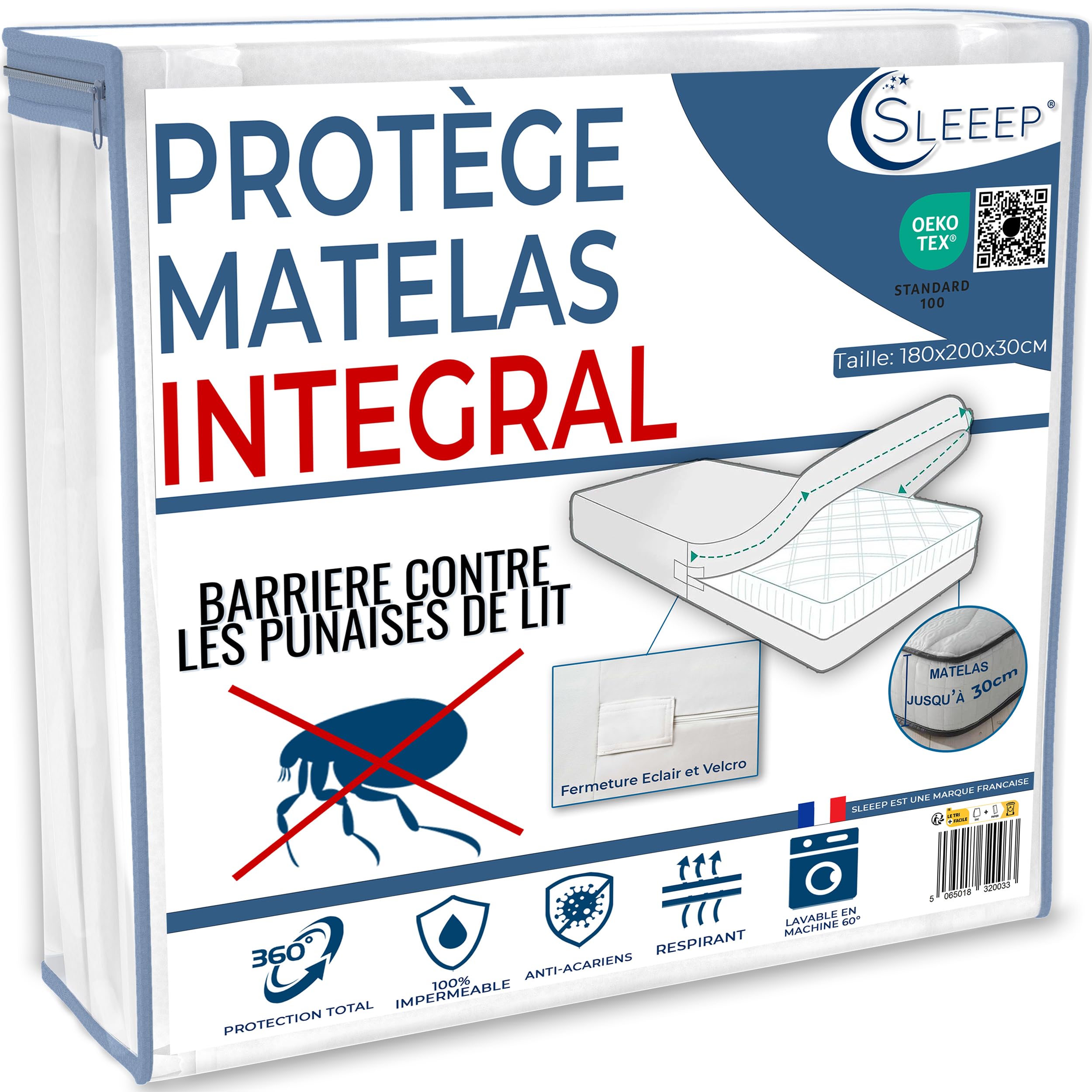 SLEEEP Coprimaterasso 180 x 200 cm, anti-cimici con cerniera, impermeabile, con certificazione OekoTex, qualità alberghiera