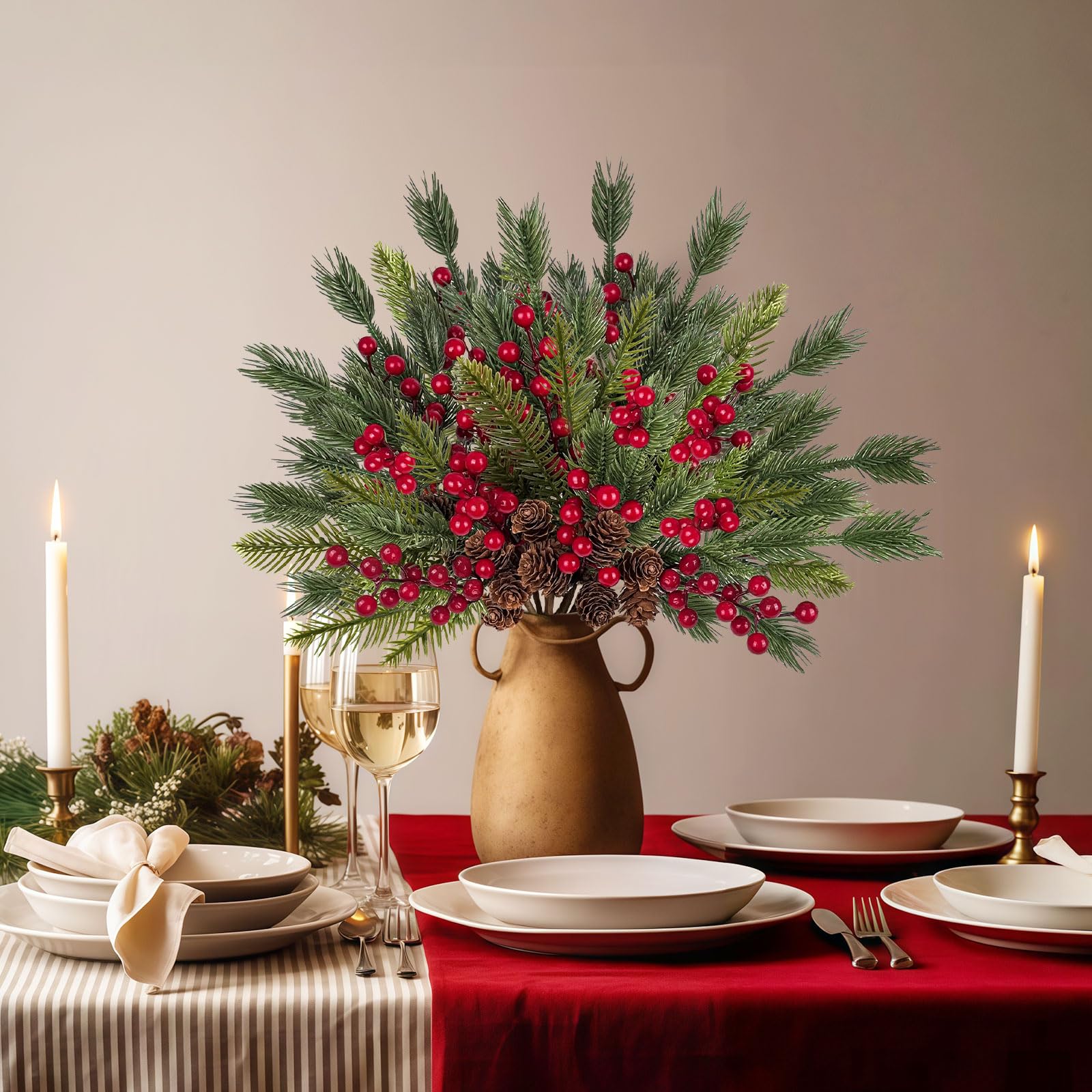 ICX Künstliche Tannenzweige mit Beeren, künstlicher Weihnachtsstiel, 10