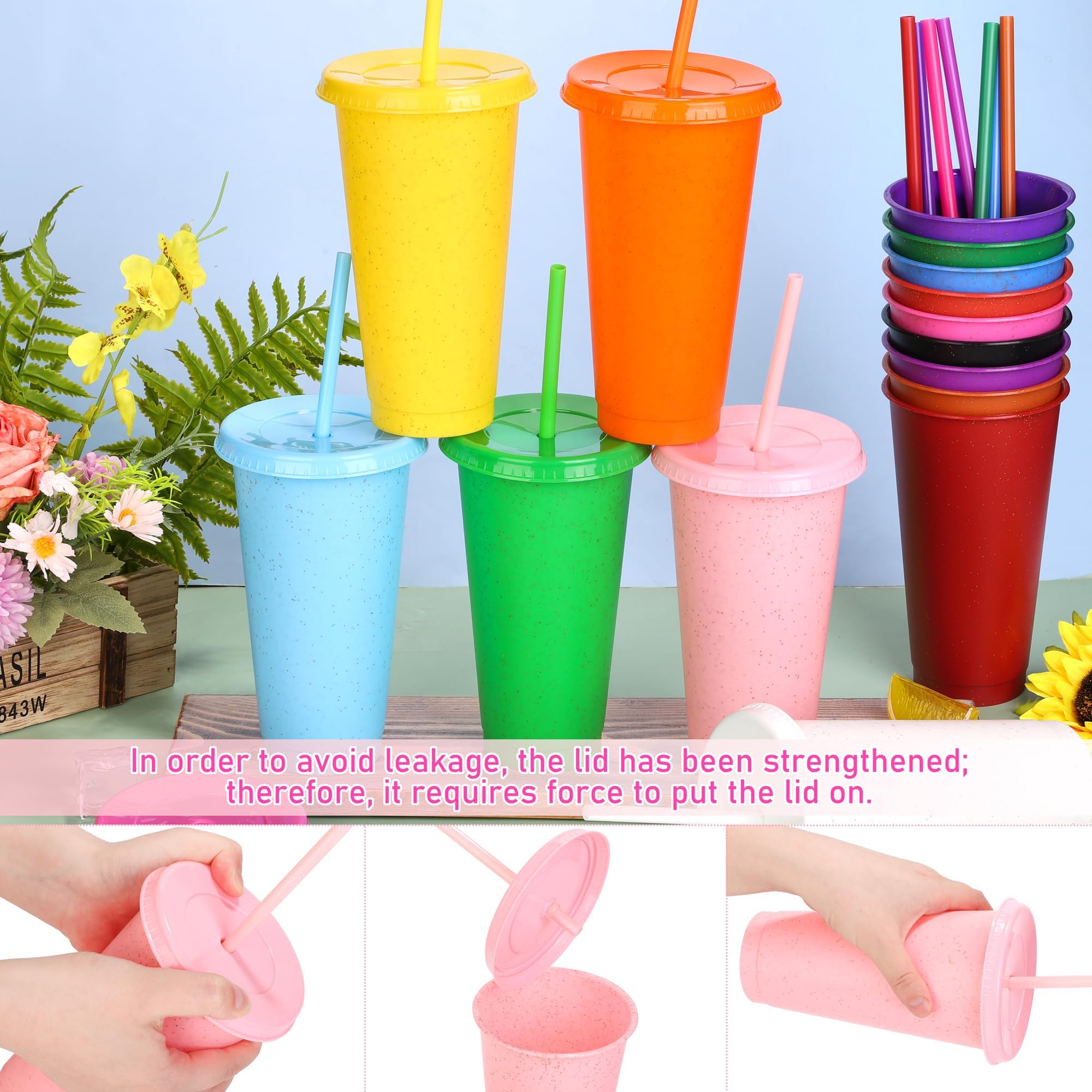 Kochorie Lot de 36 gobelets avec paille et couvercle – Bouteilles d'eau colorées en vrac de 700 ml – Gobelets de voyage réutilisables en plastique pour fêtes, anniversaires et utilisation en extérieur
