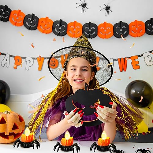 Miniatura 6 de YBB 6 luces de té de araña de Halloween, novedosas luces LED sin llama, portavelas de araña, funciona con pilas, luces de té naranja para fiesta de