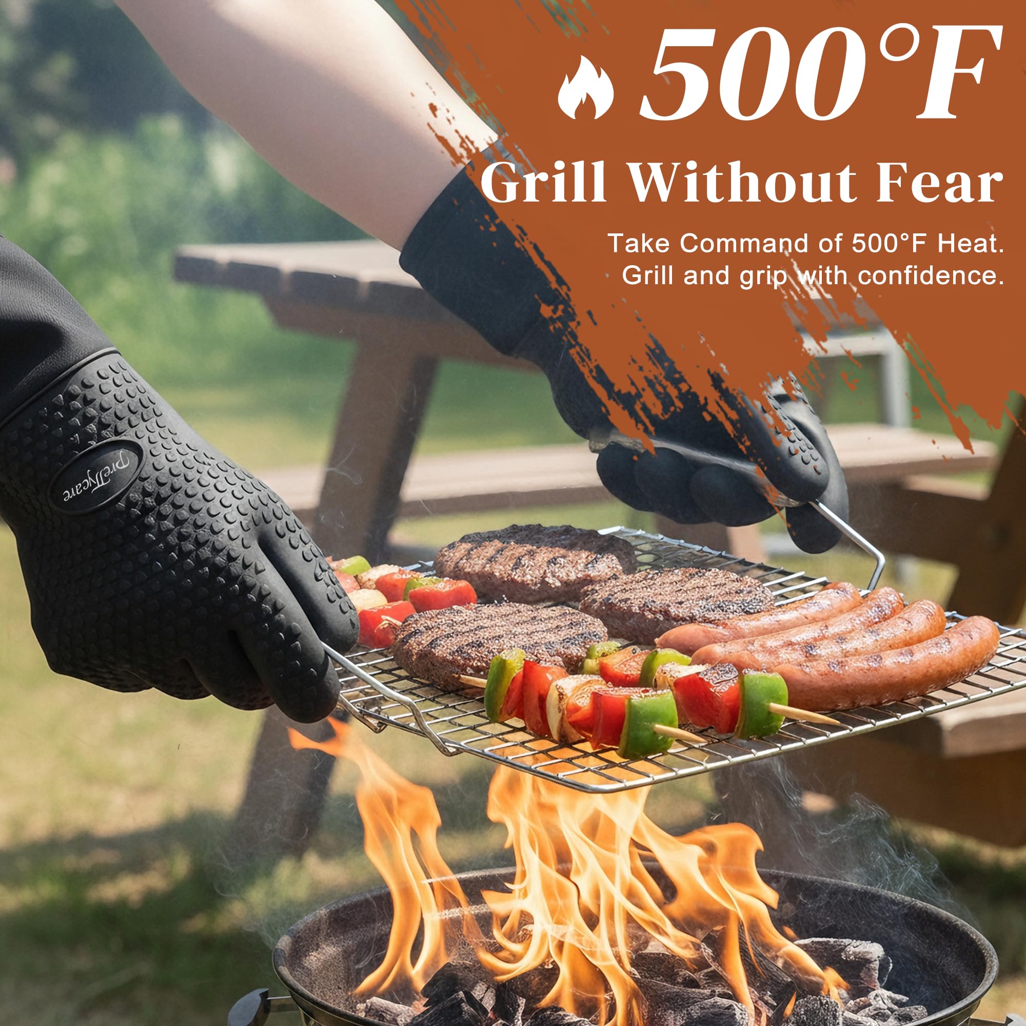 PrettyCare Gants de cuisine extra longs de 35,6 cm en silicone, imperméables et antidérapants avec doigts, gants de cuisine en silicone doublés de coton, résistants à la chaleur pour la pâtisserie, la