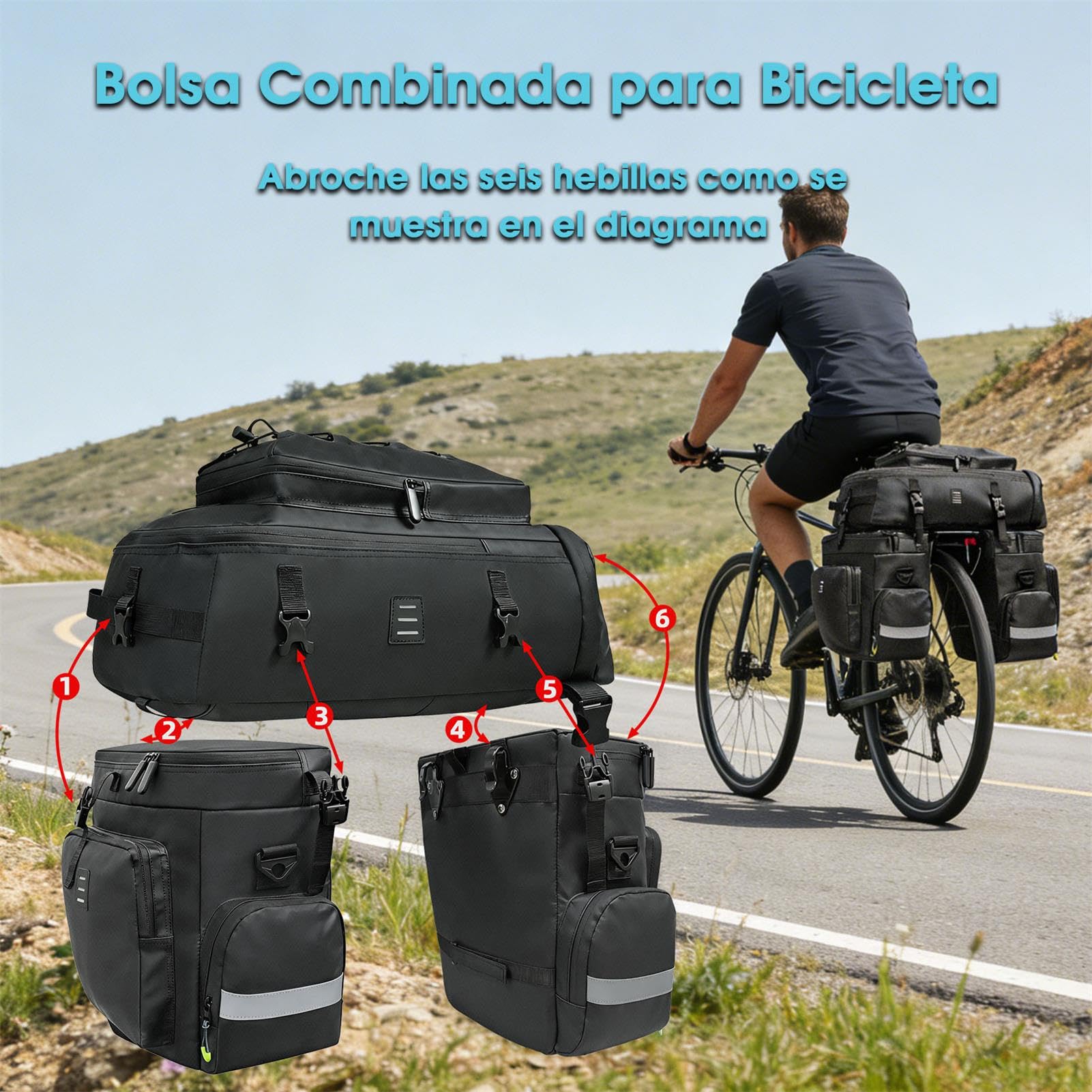 3 en 1 Bolsa de Alforja para Bicicleta Impermeable Gran Capacidad Bolso Bicicleta Multifuncional Bolsa Trasera de Bicicleta, Mochila, Bolso de Hombro con Funda para Lluvia para Ciclismo