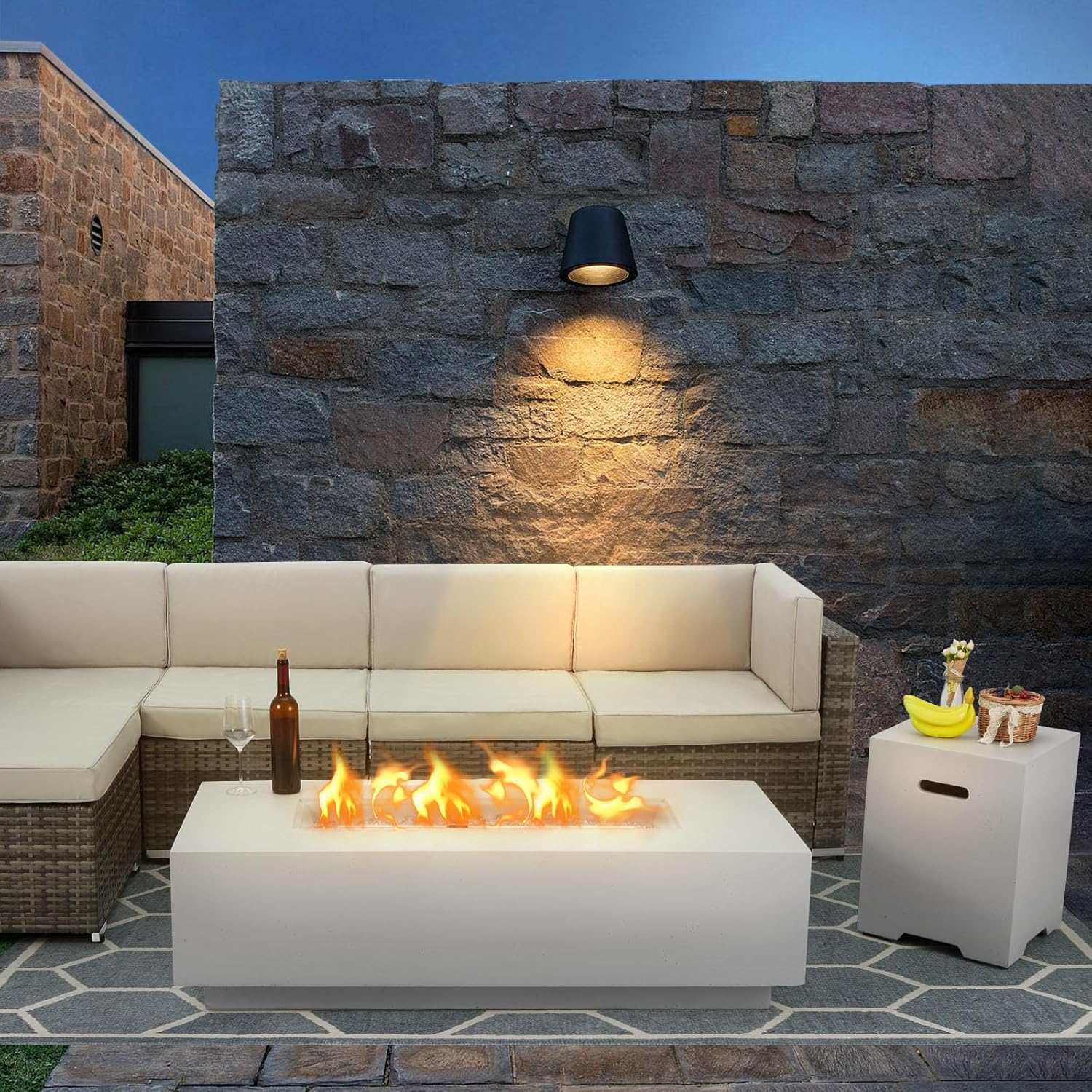 ECOTOUGE 2-Piece 42" Outdoor Rectangle Propane Fire Pit Table with Tank Holder, 50,000 BTU Concrete Fire Table with Shelves, Patio Fire Pits with Auto-Ignition, Free Lava Rocks, Fits 20lb Tank, White