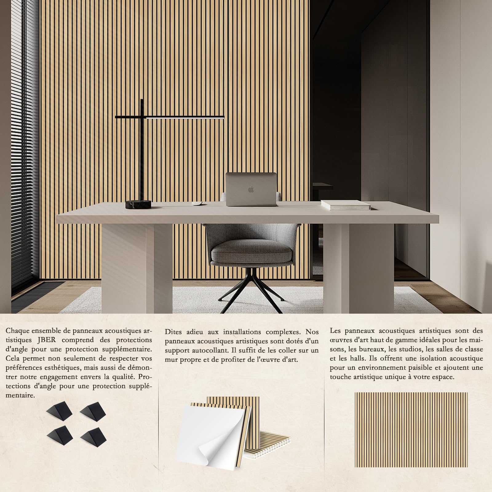JBER Lot de 6 Panneaux Acoustiques Muraux, Mousse Acoustiques Autocollante pour Murs, Panneau Mural Decoratif (sans Bois), pour les Studios d'enregistrement, 60×60×1Cm, Chêne Naturel