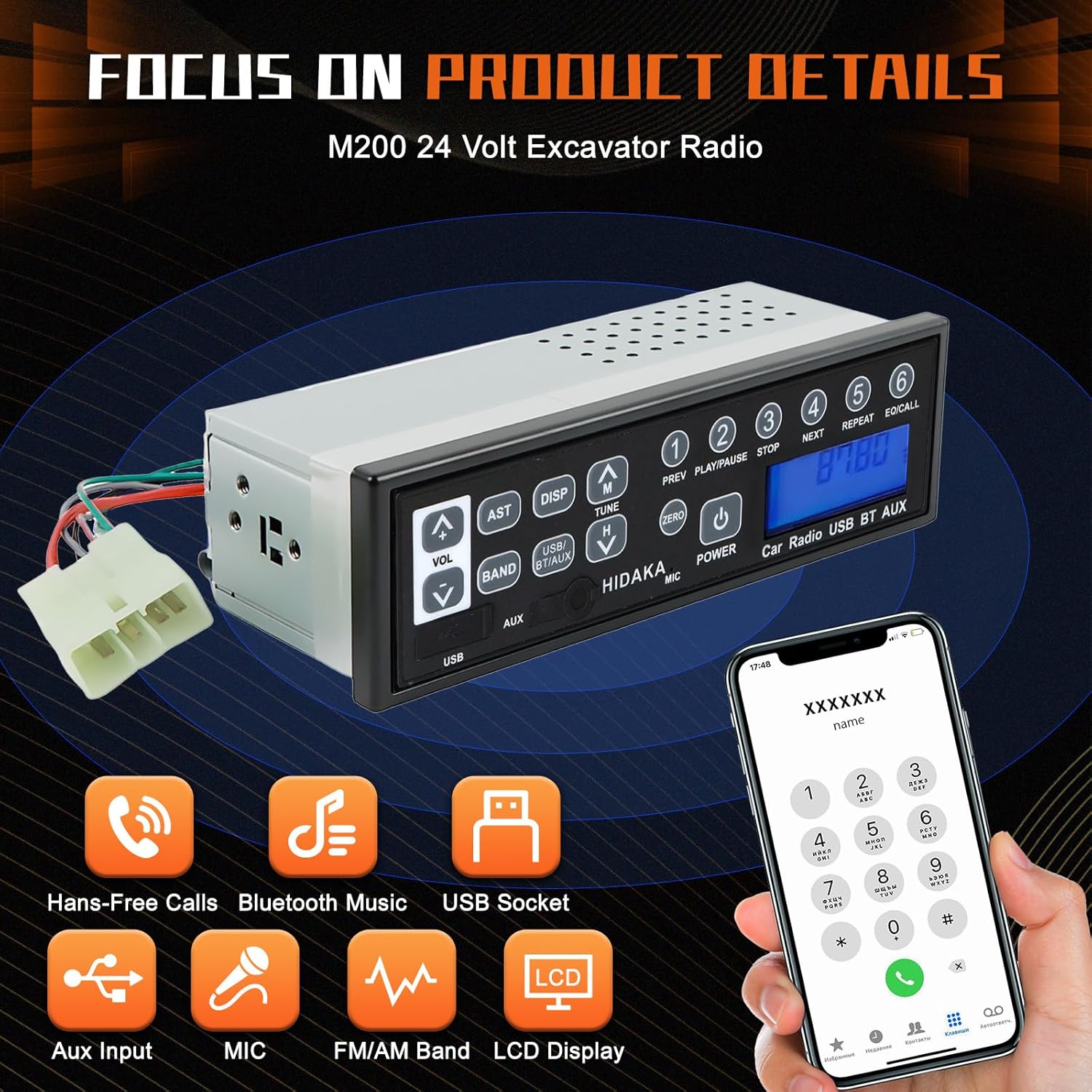 PANGOLIN Universal Car Bluetooth USB AUX-in 24 Volt Excavator Radio for Hitachi Komatsu Kato Excavator Spare Parts