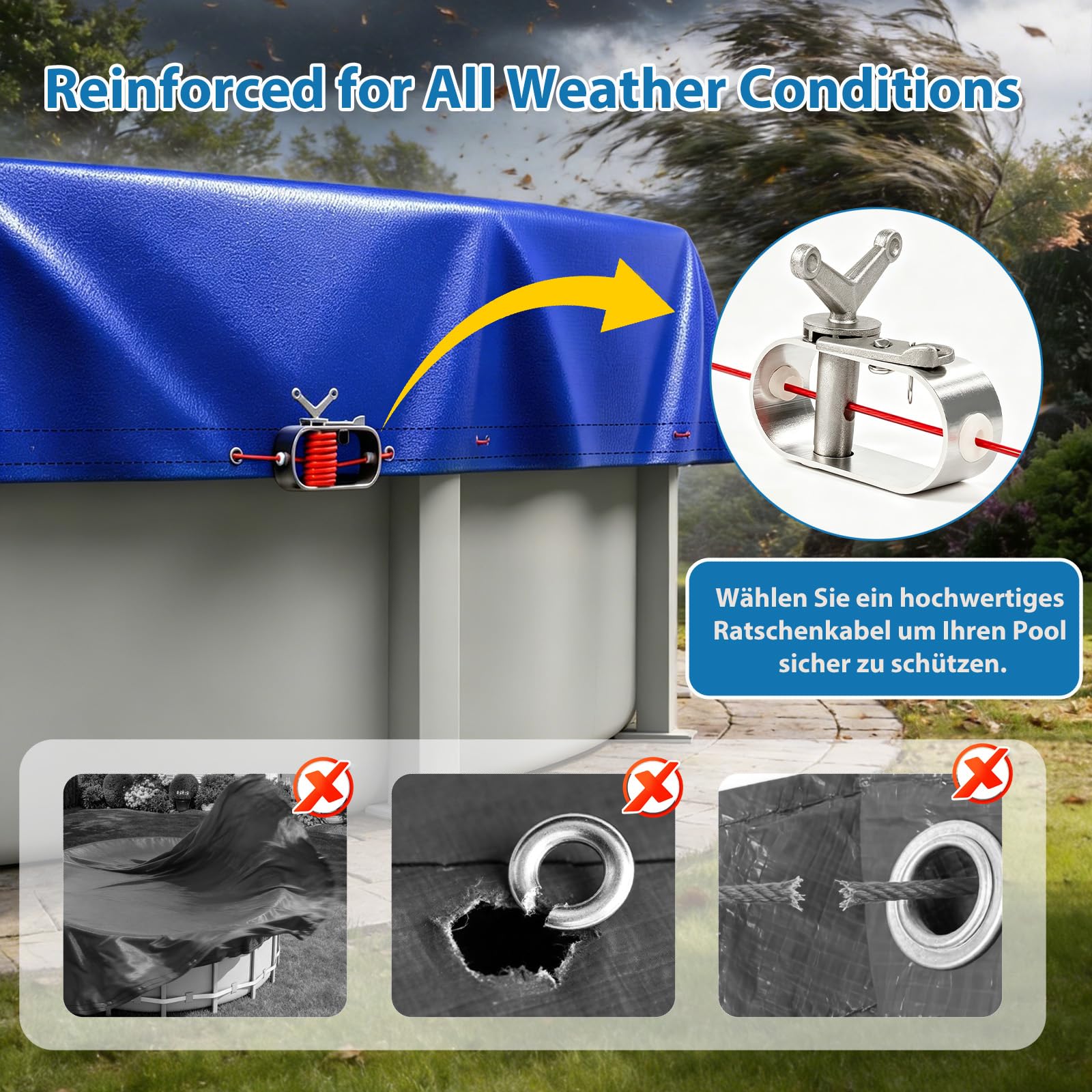 Poolabdeckung Rund für Pools Ø 320-366 cm, UV-beständige Solarplane Pool rund aus 200g/m² PE Material, abdeckplane Pool für Sommer & Winter, Ø 420 cm Pool Abdeckplane