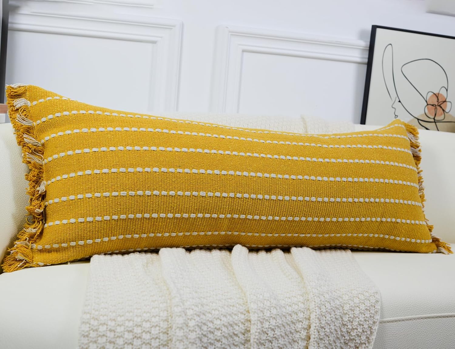 Decorative Farmhouse Extra Long Lumbar Throw Pillow Cover 14 x 36,Clasic Striped Textured Cotton Boho Long Body Pillow Cover Pillow Case for Sofa Couch Bed,Yellow and White
