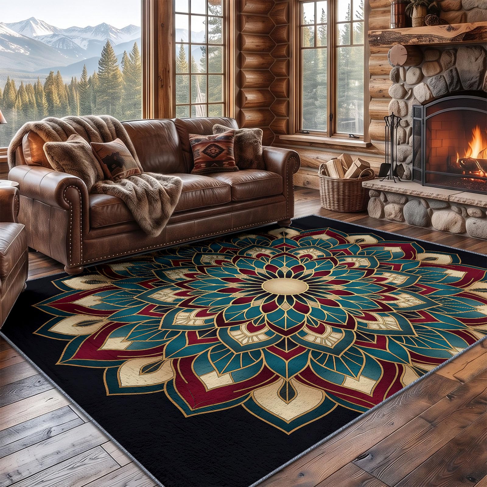Générique Bohème Tapis de Salon Lavable en Machine 90 x 120 cm, Tapise antidérapant, Tapis de Chambre Style Luxe Fleurs Mandala pour Le Salon, l'entrée, la Chambre et la Cuisine, Noir