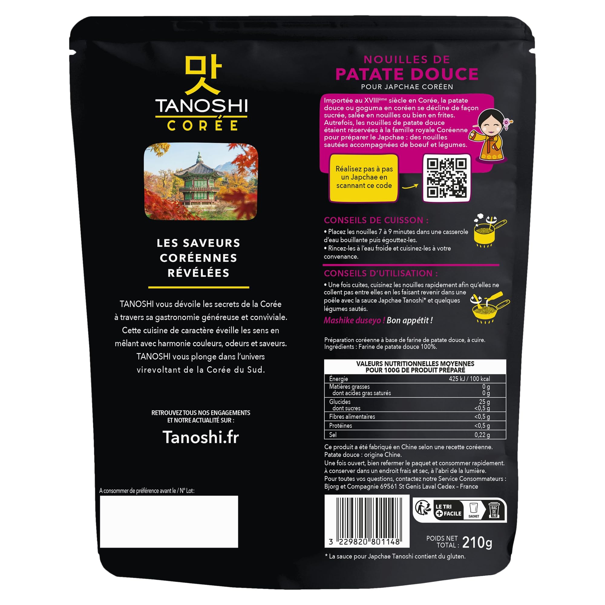 TANOSHI - Nouilles Coréennes de Patate Douce à Cuire - Pour Japchae - Sans Gluten - Paquet de 210 g - 2