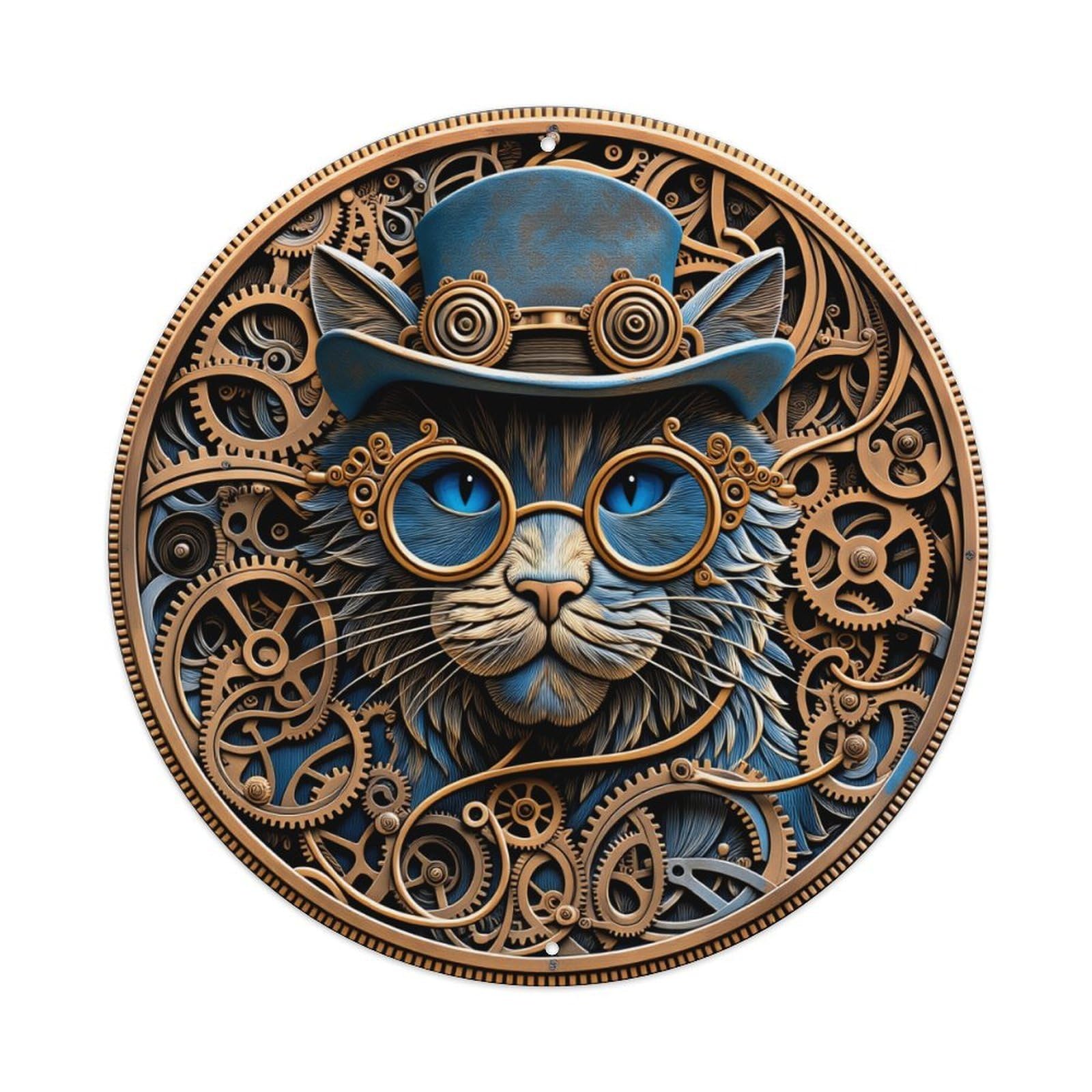 Steampunk Cat Gears Hat Glasses Round Tin Sign Vintage Style Metal Sign Home Bar Garden Wall Plaque Decor Metal Poster 8x8 Inch