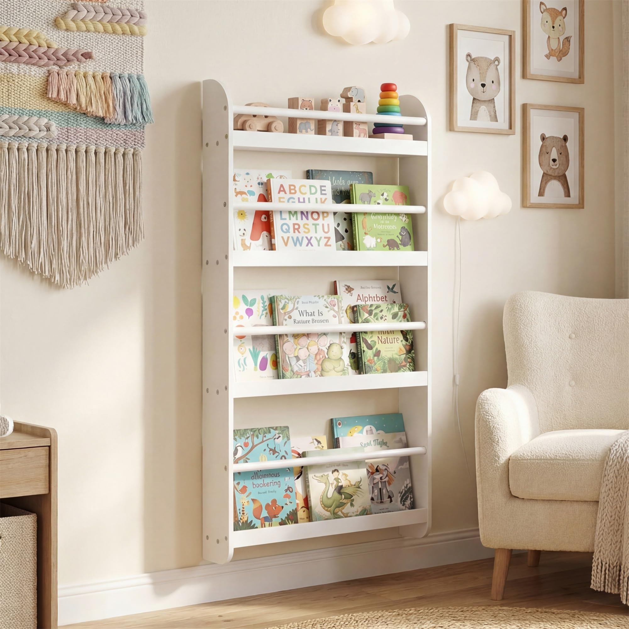 RELAX4LIFE Bücherregal Kinder, Kinderregal Wand mit 4 Fächern, platzsparendes Wandregal, Montessori Spielzeugregal aus Holz, Kinderbücherregal für Kinderzimmer & Spielzimmer, 56 x 12 x 107 cm (Weiß)
