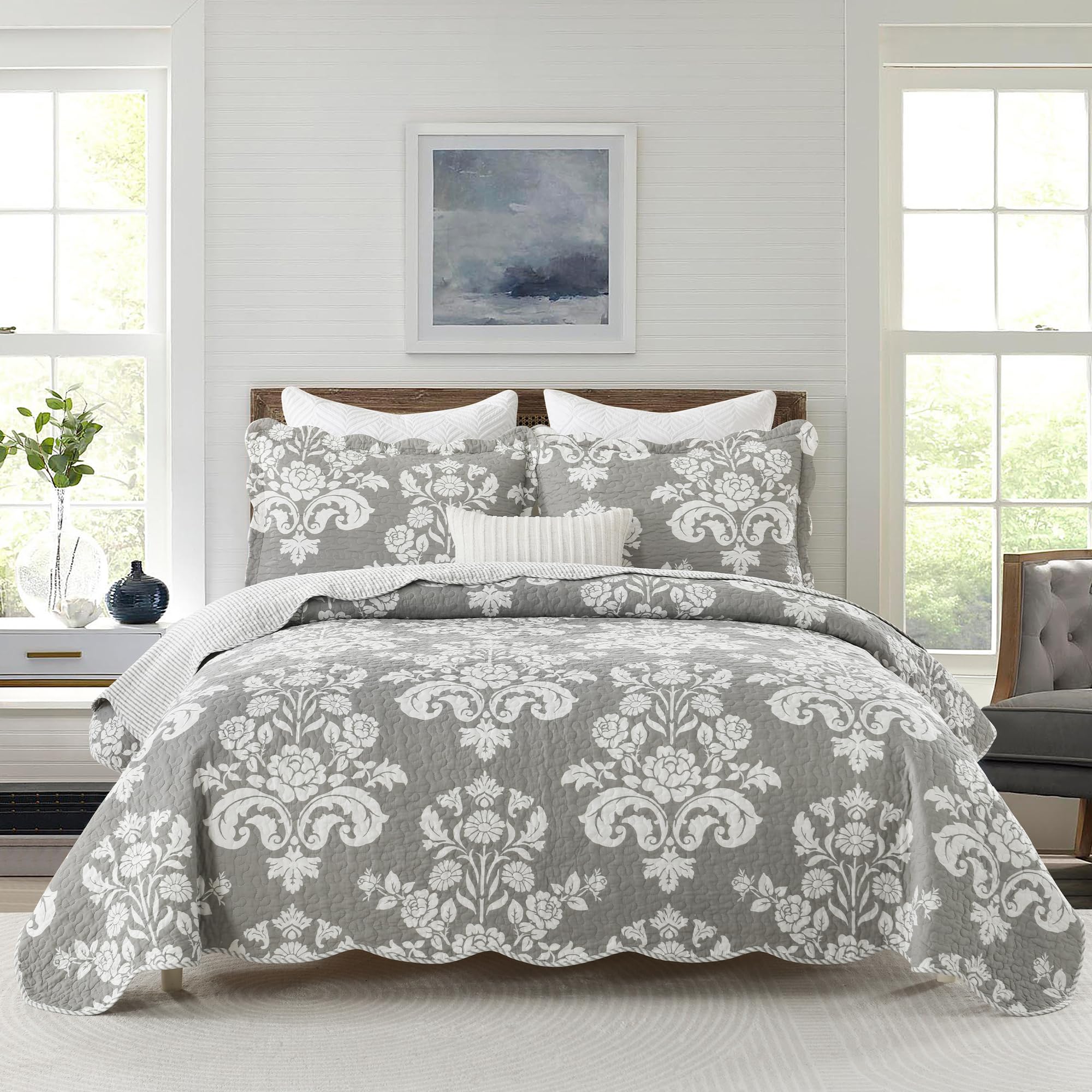 Quilt Set 100% Cotton Bedspread - Quilt Bedding Set,Bed Quilt Bed Cover,Reversible Lightweight Colchas para Camas with Matching Shams,Quilted Comforter Coverlet for Queen Bed,Queen Size,BLUEISH Grey-image-5