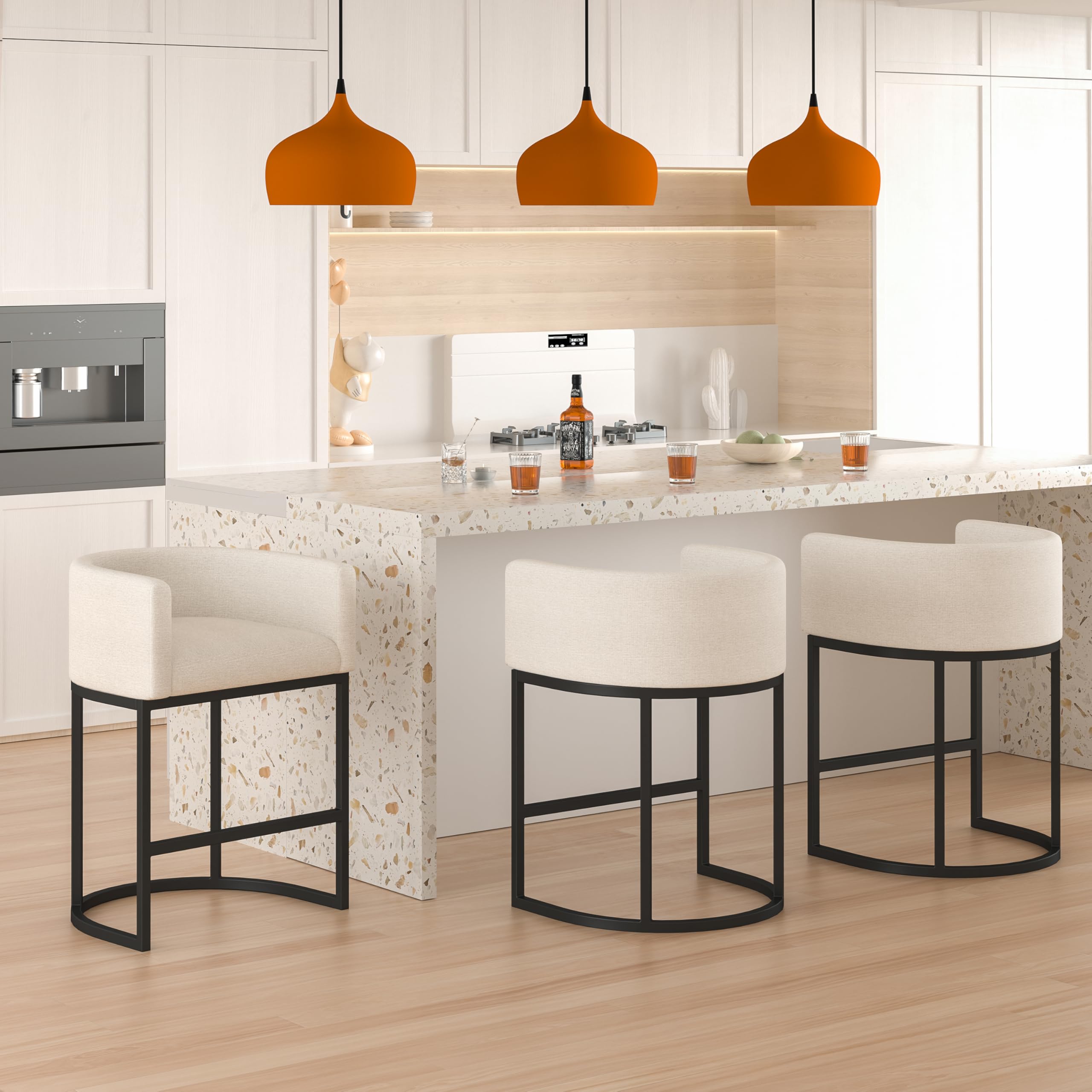26" H Counter Height Bar Stools Set of 3, Modern Barrel Counter Stools with Backrest and Arms, Linen Fabric Upholstered Accent Barstools for Kitchen Island,Support 450 LBS (Beige)