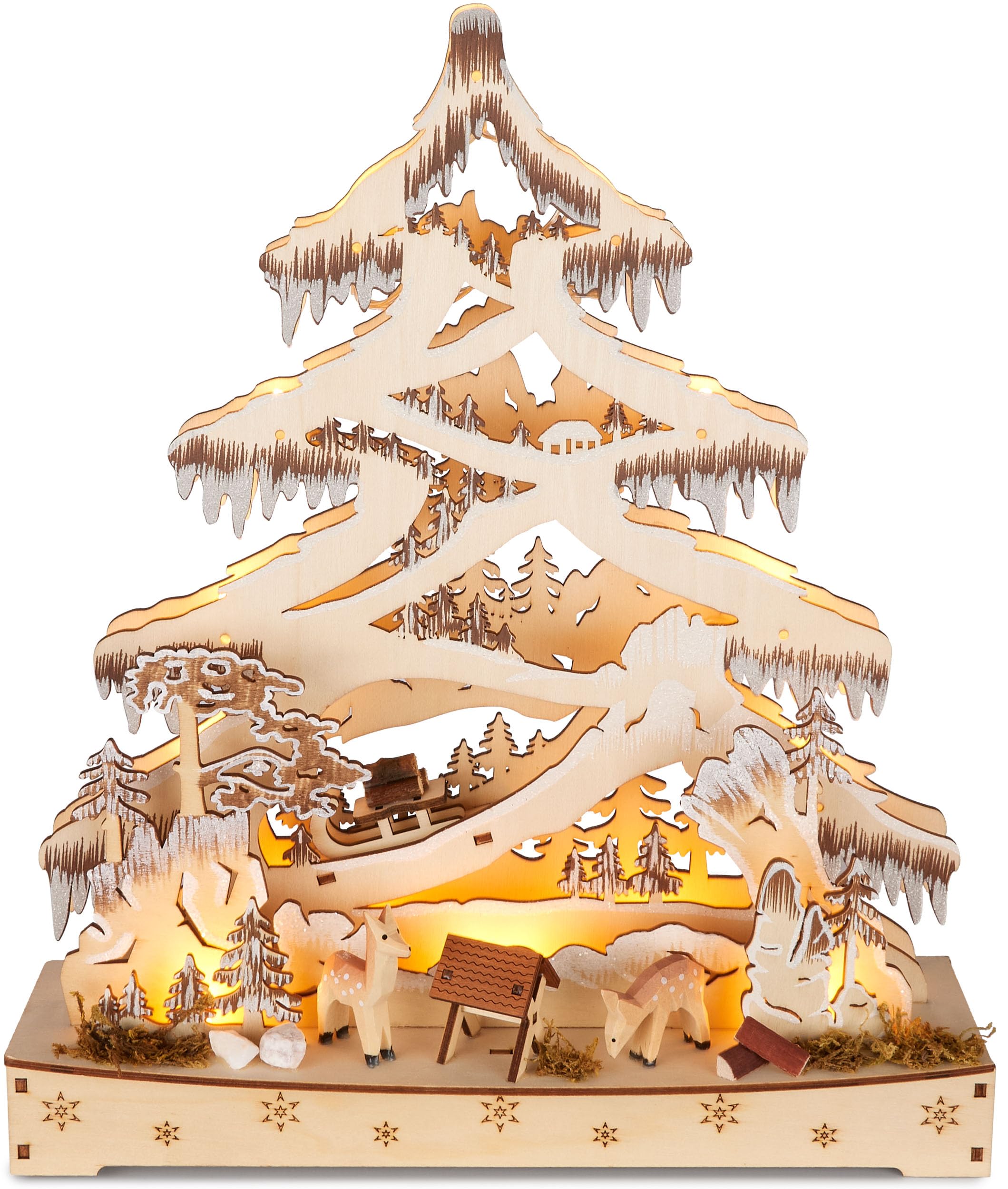 BRUBAKER 3D Lichterbogen - LED Schwibbogen - Tannenbaum Wald - Weihnachtsbeleuchtung aus Holz Natur - 34 x 28 x 9 cm - Handbemalte Figuren - Weihnachtsdeko für Tisch & Fenster