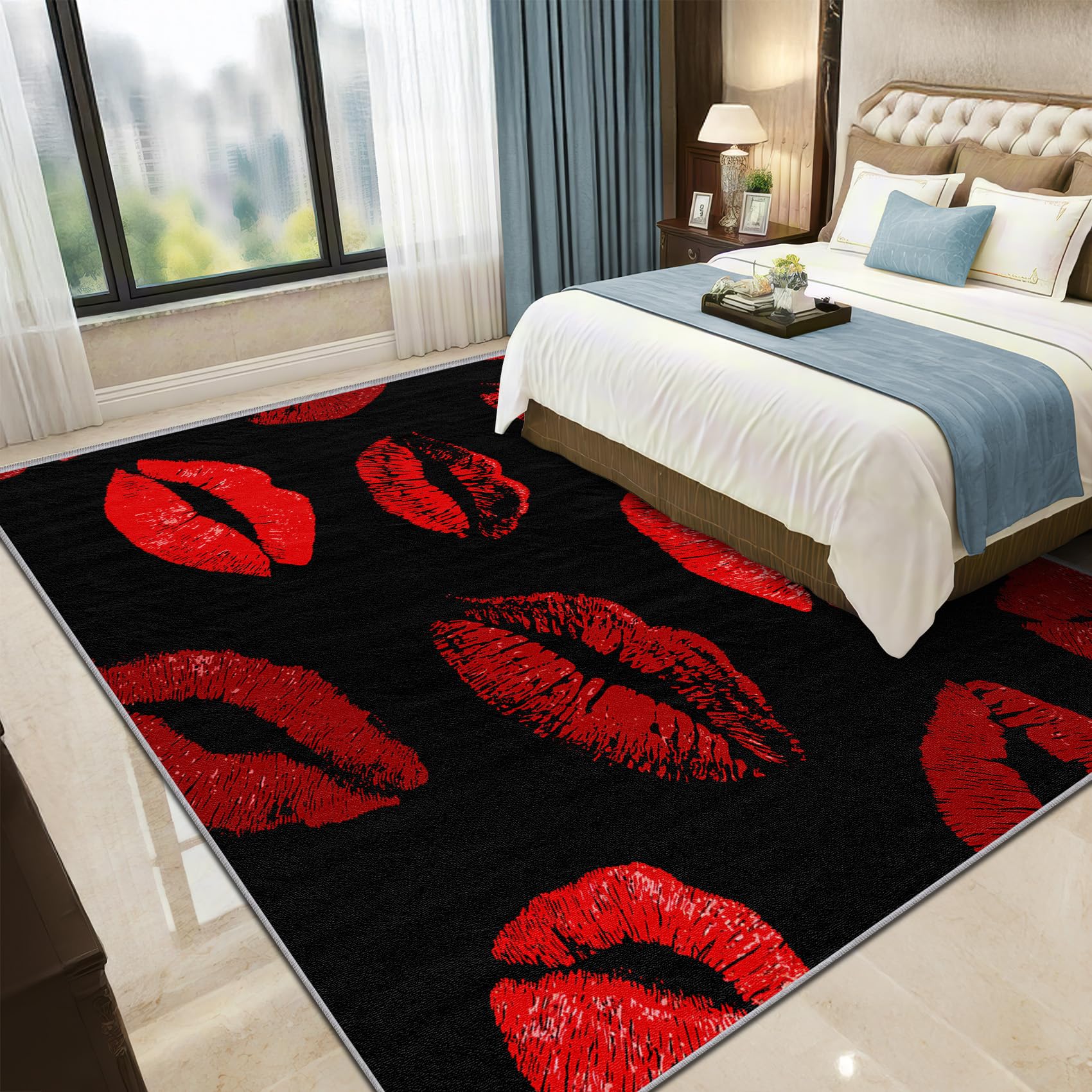 Lippen Teppich Waschbar, Sexy Rote Lippen Teppich 80x150 cm, Valentinstag Kuss Lippenstift rutschfest Waschbar Pflegeleicht Teppiche Für Schlafzimmer Küche, Schwarz Rot