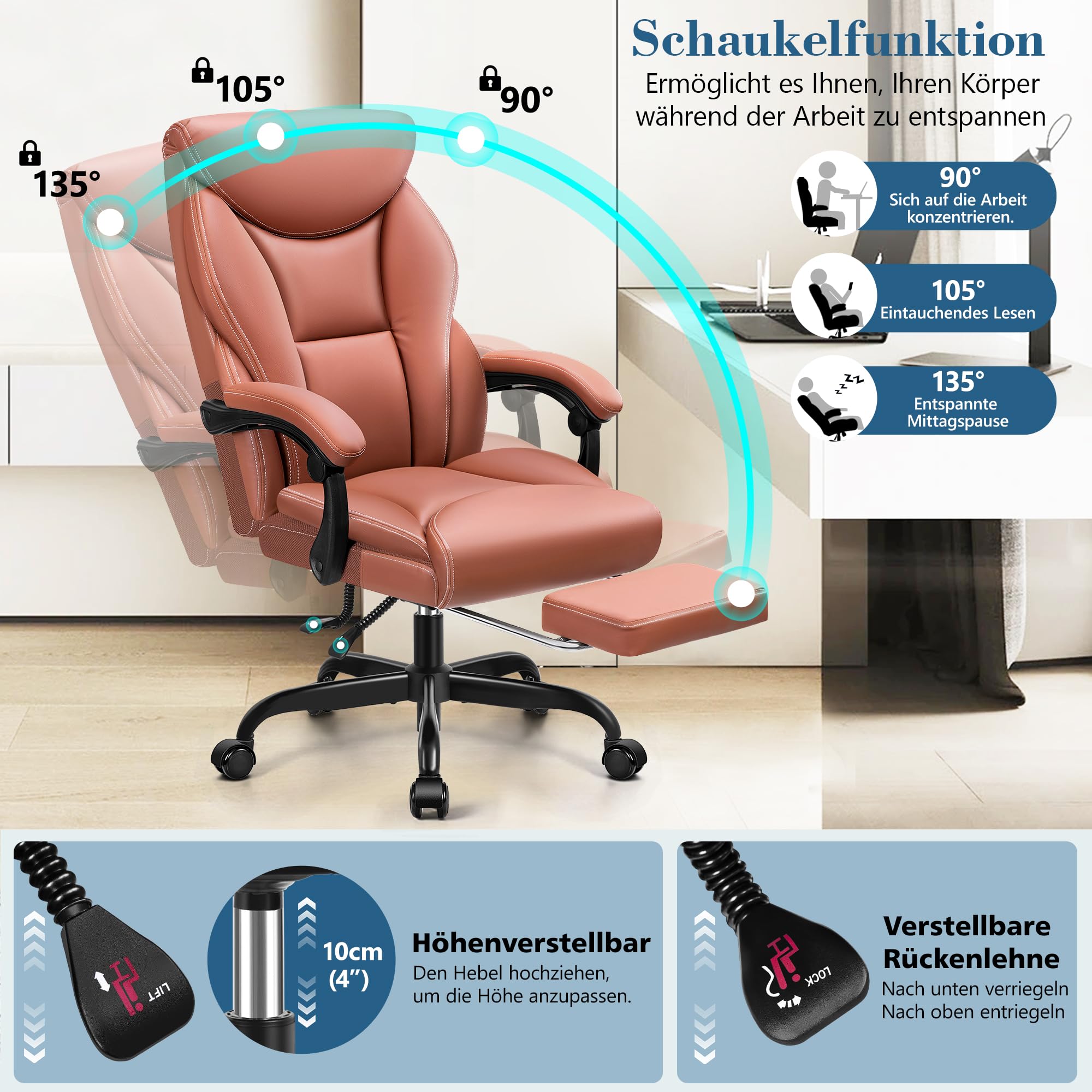 FelixKing Sedia da ufficio ergonomica in pelle PU, schienale alto, sedia da computer inclinabile con poggiapiedi, supporto lombare, regolabile in altezza (marrone opaco)