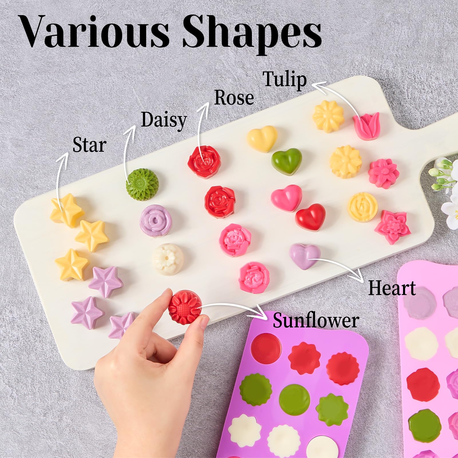 Juego de 6 moldes de silicona para chocolate, 15 cavidades, diseño de estrella y corazón rosa, diferentes formas, moldes de silicona para chocolate, dulces, cubitos de hielo, mantequilla, gelatina