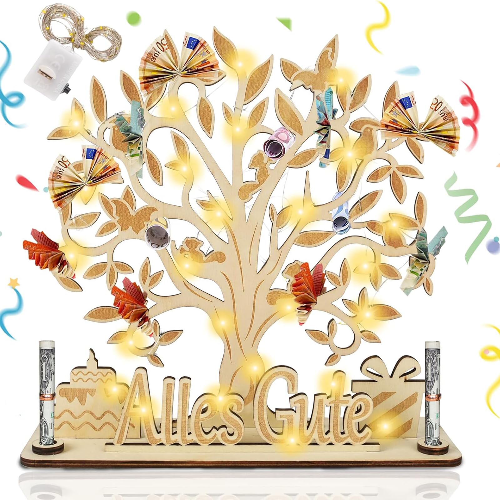 Regalos De Dinero para Bodas, árbol De Dinero De Madera con Cadena De Luces LED, Regalos De Dinero,Regalos De Cumpleaños, Letrero De Madera Libro De Invitados, Embalaje para Hombres, Mujeres, Novios