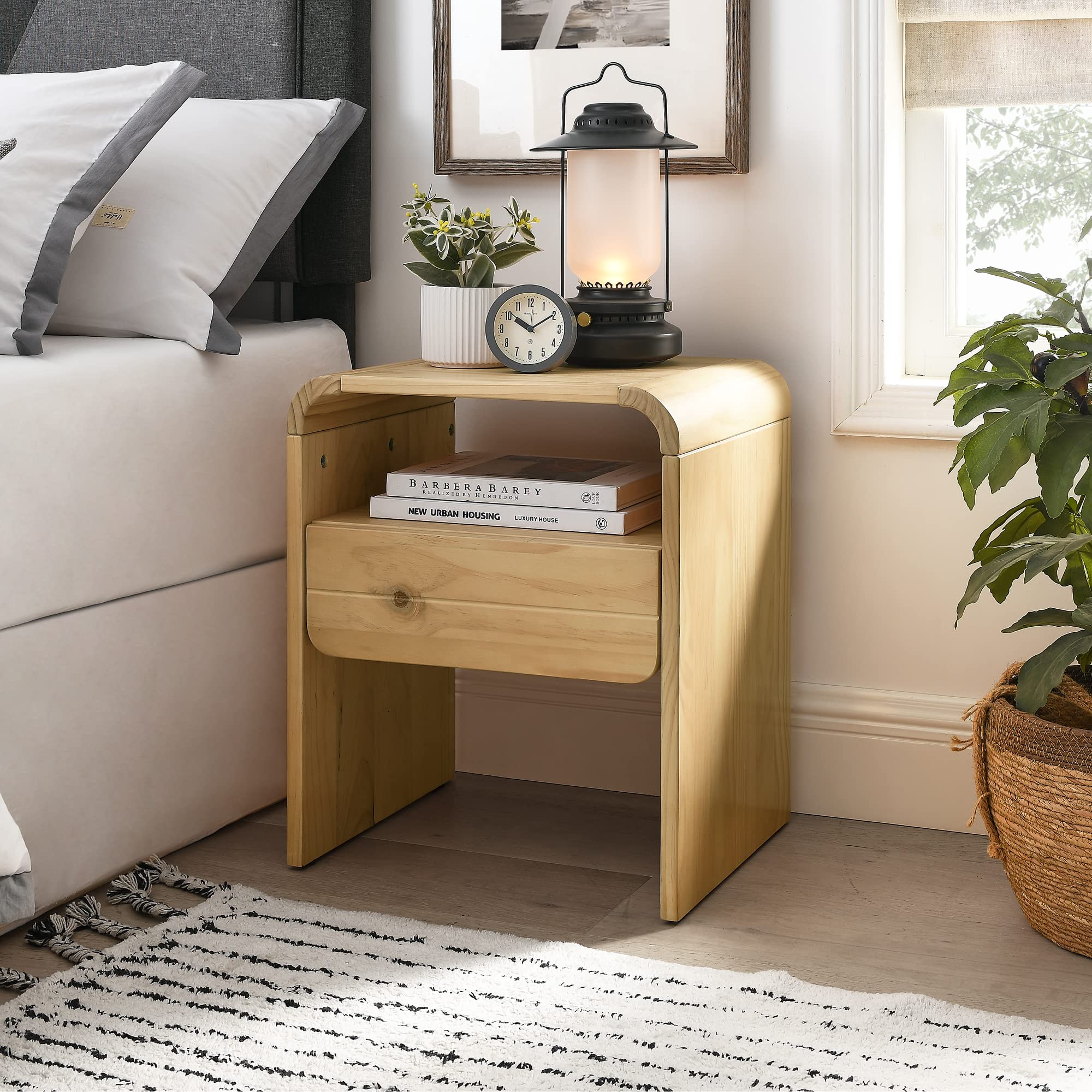 MUSEHOMEINC Modern Solid Wood Nightstand/End Table with for Bedroom,Bedside Furniture with One Storage Drawer and Open Shelf,Modern End Tables Organizer for Living Room/Hallway/Entryway (ET1018N)