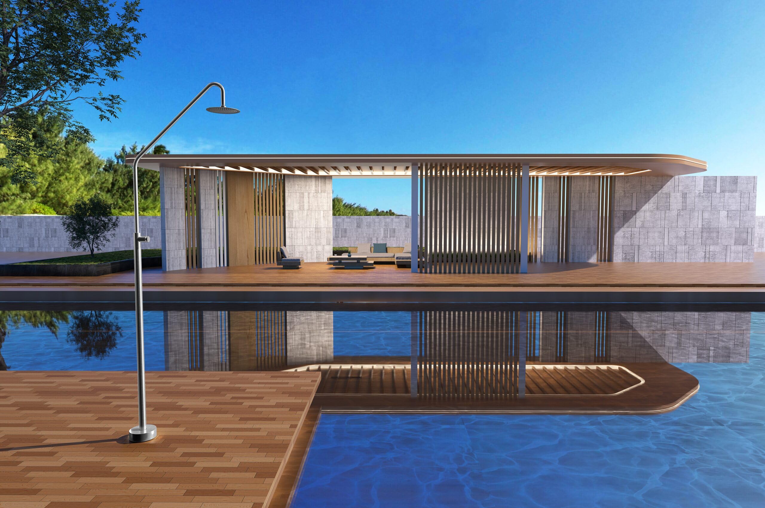 IMEX Ducha de Piscina GPC004/AC | Colorado Ducha Exterior con Grifo Temporizado, Acero S.316 y Rociador Ø250mm, Diseño Elegante y Resistente. Garantía de 10 años