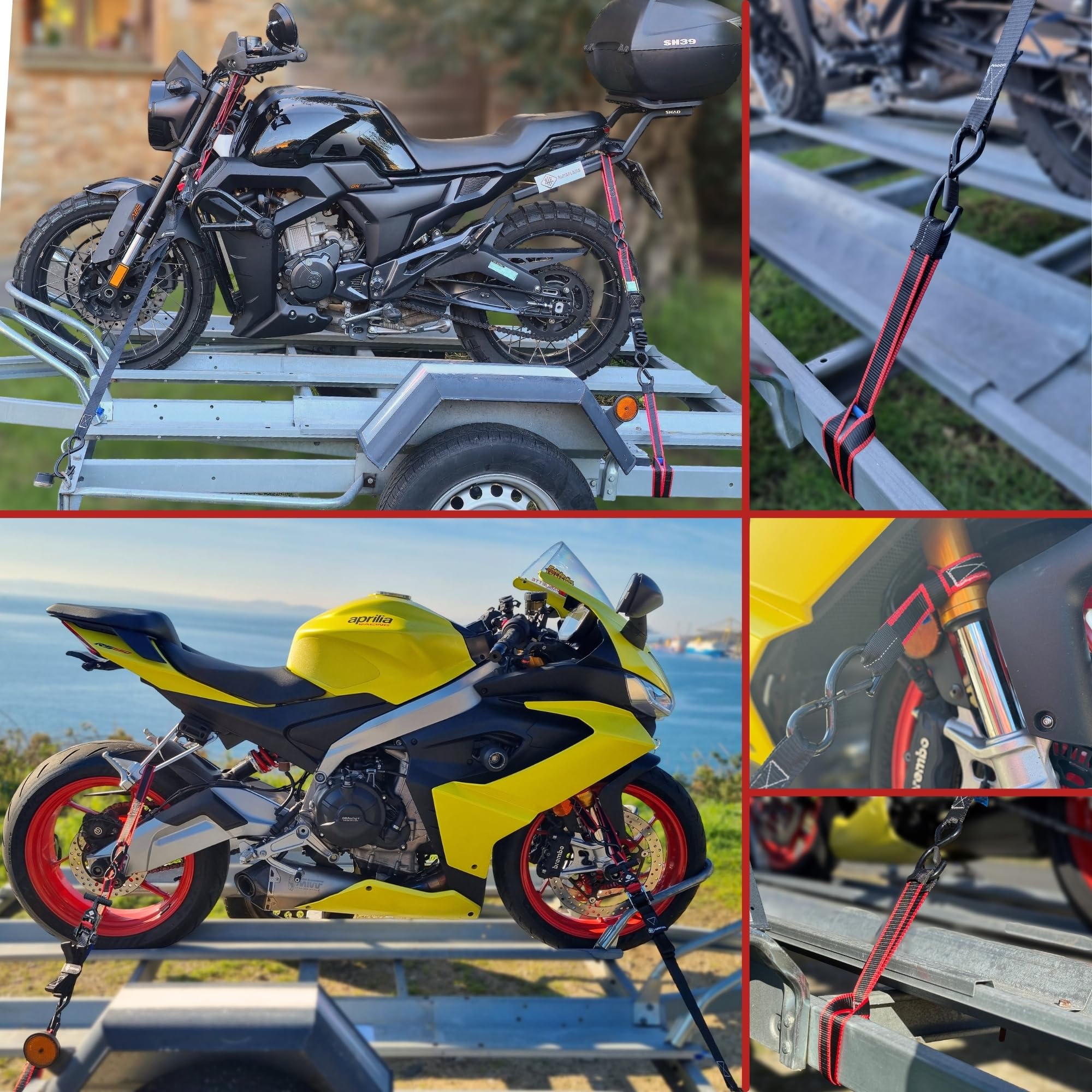 Motorrad Spanngurte 4er Set [2400 kg Bruchlast & EN 12195-2 geprüft] – Zurrschlaufen kurz für Lenker, Rahmen & Anhänger – Spanngurt Set inkl. Tasche & Klettband (Für sicheren Transport) - 5