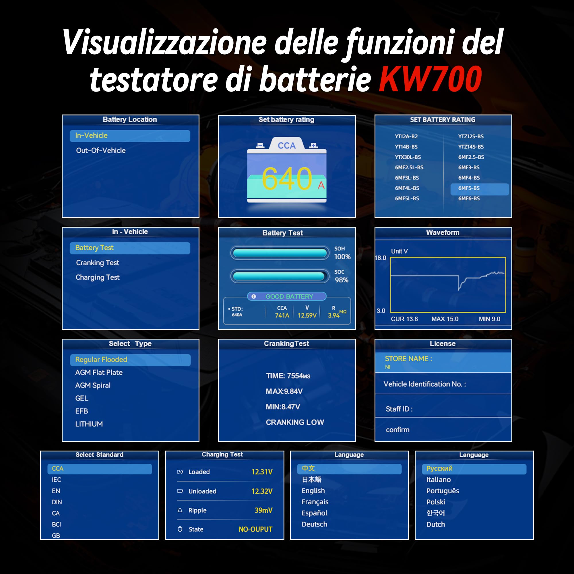 KONNWEI Tester Per Batteria Auto Con Stampante, 12v/24v, Tester Di Carico Della Batteria Automobilistica 10-2000 Cca, Test Di Avviamento E Ricarica, Tester Alternatore Per Auto, Camion(Carta Inclusa)