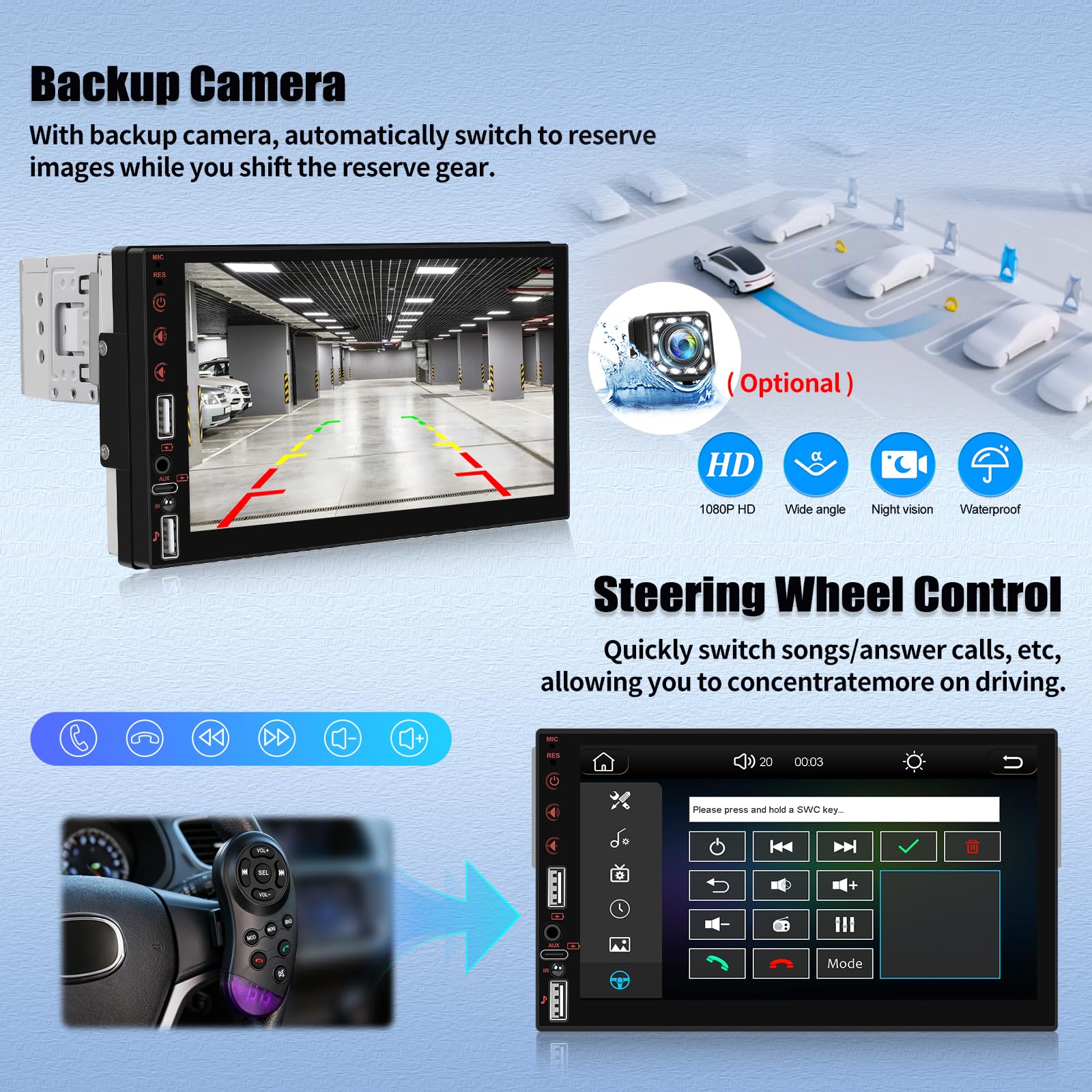 SIXTOP Autoradio 1 Din avec CarPlay sans Fil & Android Auto, 7 Pouces Écran pour Voiture, Autoradio Bluetooth avec MirrorLink, EQ, FM, USB/TF/AUX, Commande Au Volant