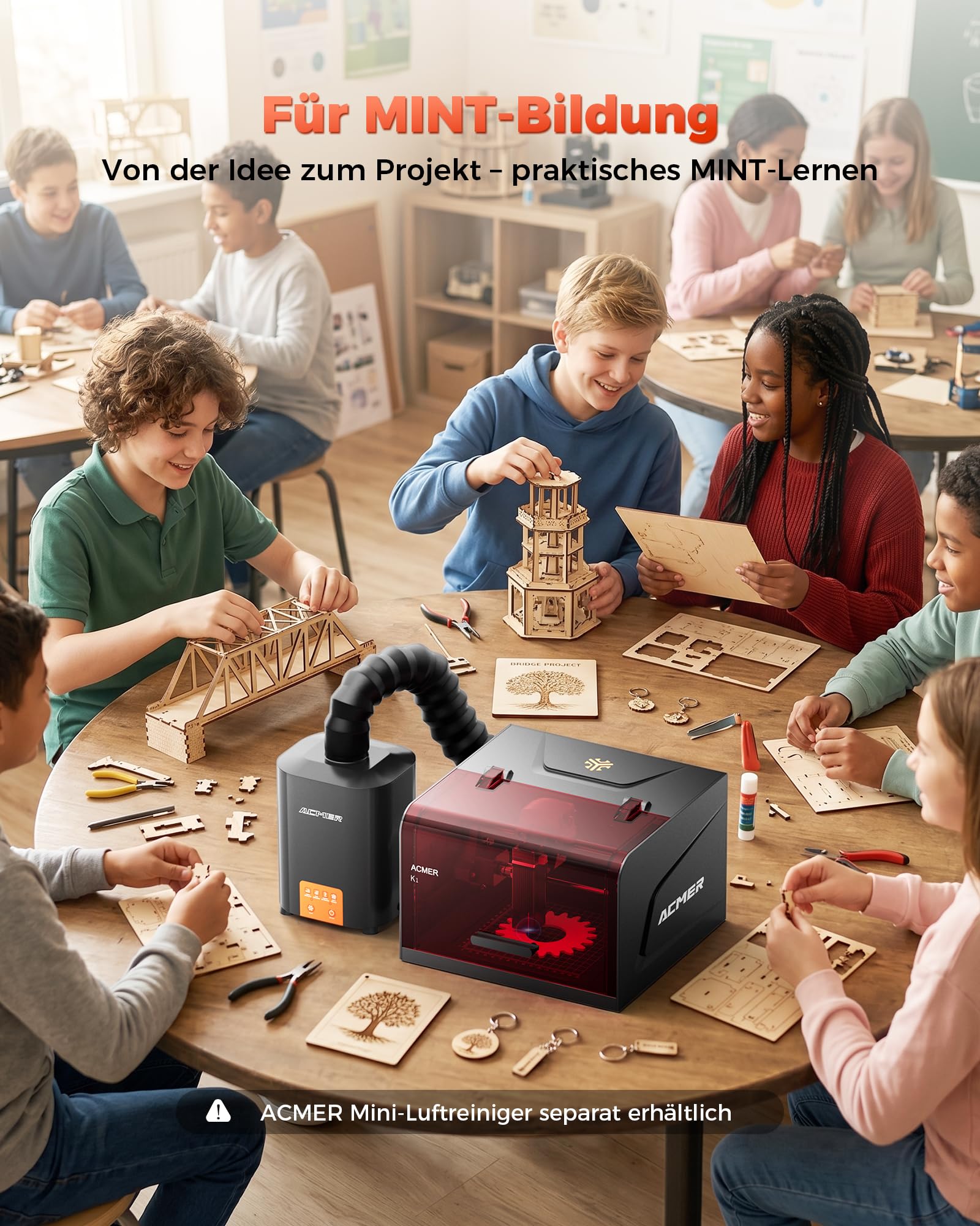 ACMER K1 12W Laser gravurmaschine, Klasse 1 Geschlossener Lasergravur Maschine mit Rauchabzug, 0.01mm Hochpräzise Laser Cutter & Gravur für DIY, Holz, Glas, Leder, Metall und Geschenkherstellung