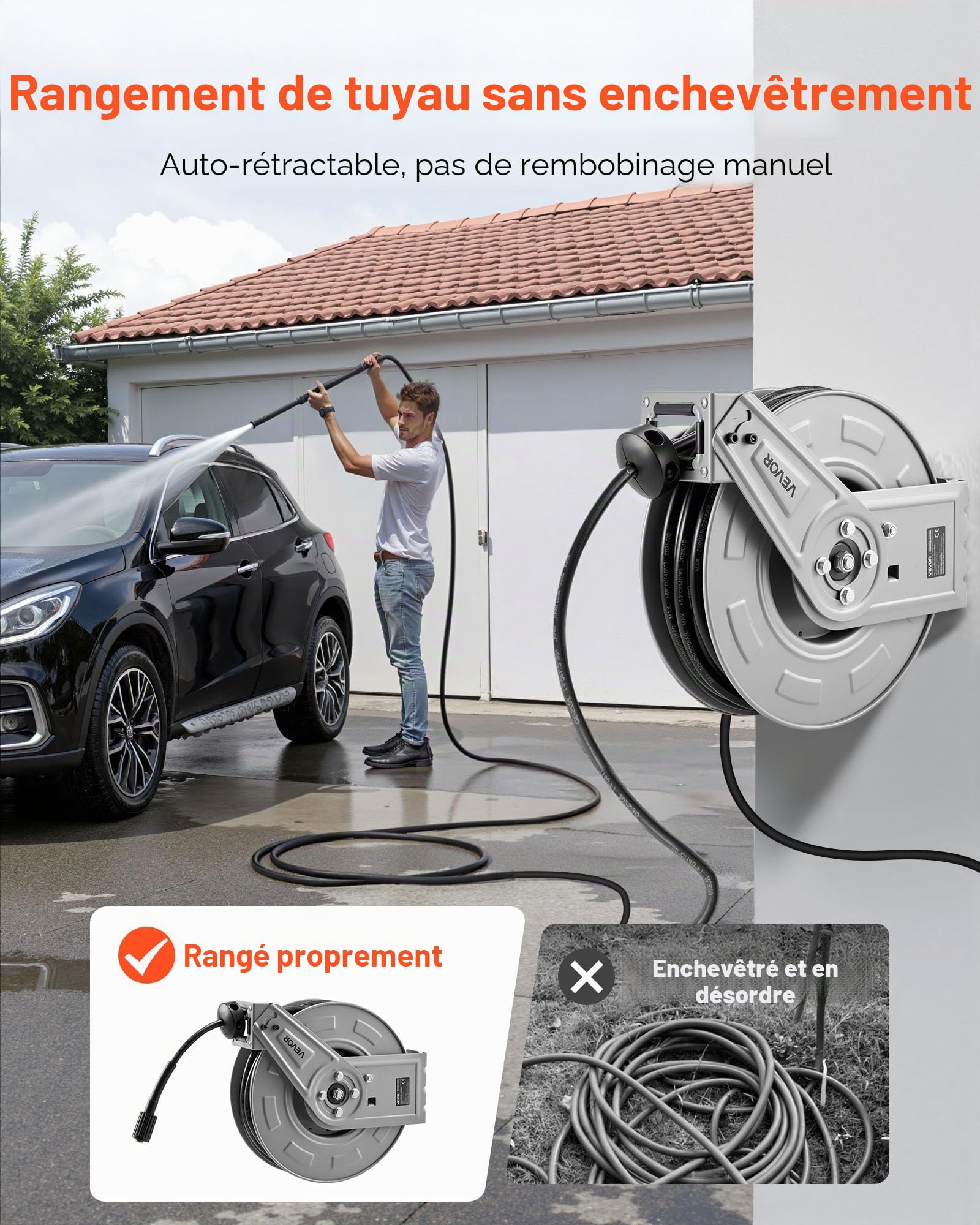 VEVOR Enrouleur de Tuyau pour Nettoyeur Haute Pression 19,8 m x 6,4 mm, Dévidoir Rétractable Acier, Montage sur Mur, Sol, Pression 220,6 bar, Enroulement Automatique pour Lavage Voiture, Sol, Jardin