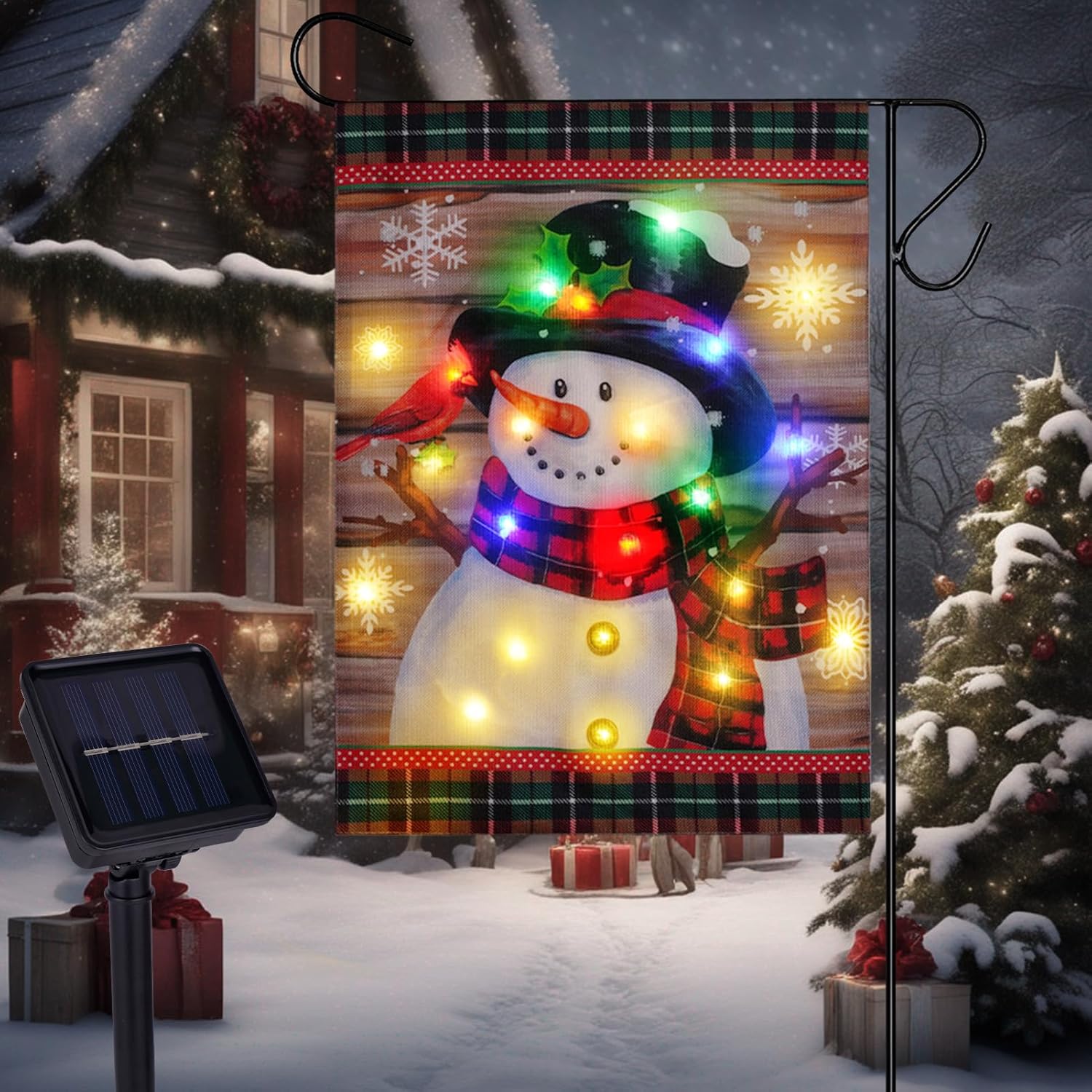 12x18in Double Sided Christmas Snowman Flag, Christmas Garden Flag with Solar LED Lights, Buffalo Plaid Burlap Lighted Winter Garden Flag for Solar Christmas Decorations Outdoor (Without Flagpole) Small Snowman12×18